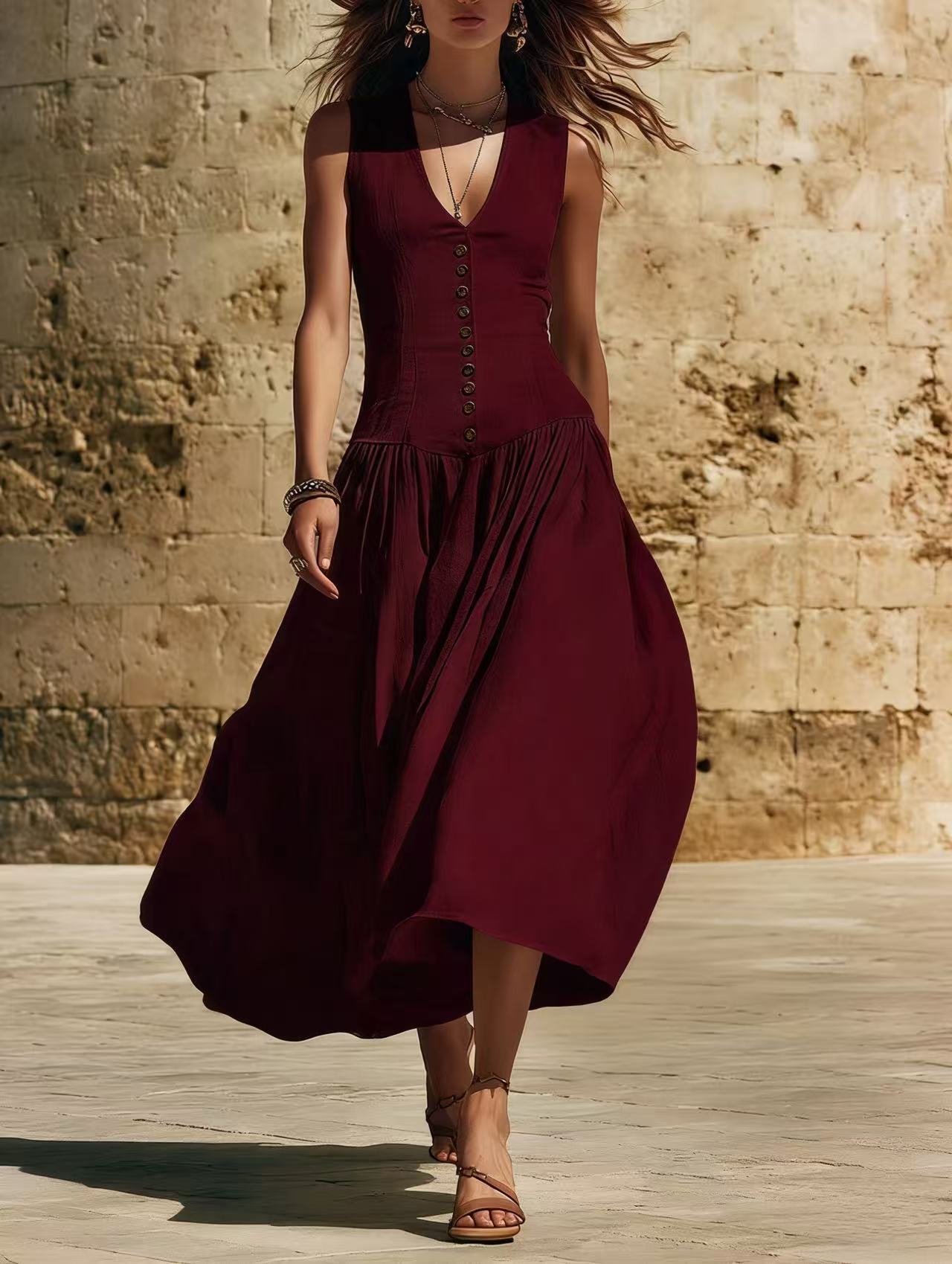Sleeveless V-Neck Button Dress โ Elegant Cotton-Linen Maxi Dress