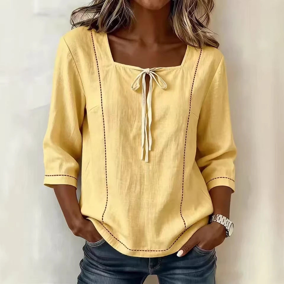 Printed Lace-Up Square-Neck Shirt โ Three-Quarter Sleeve, Ramie