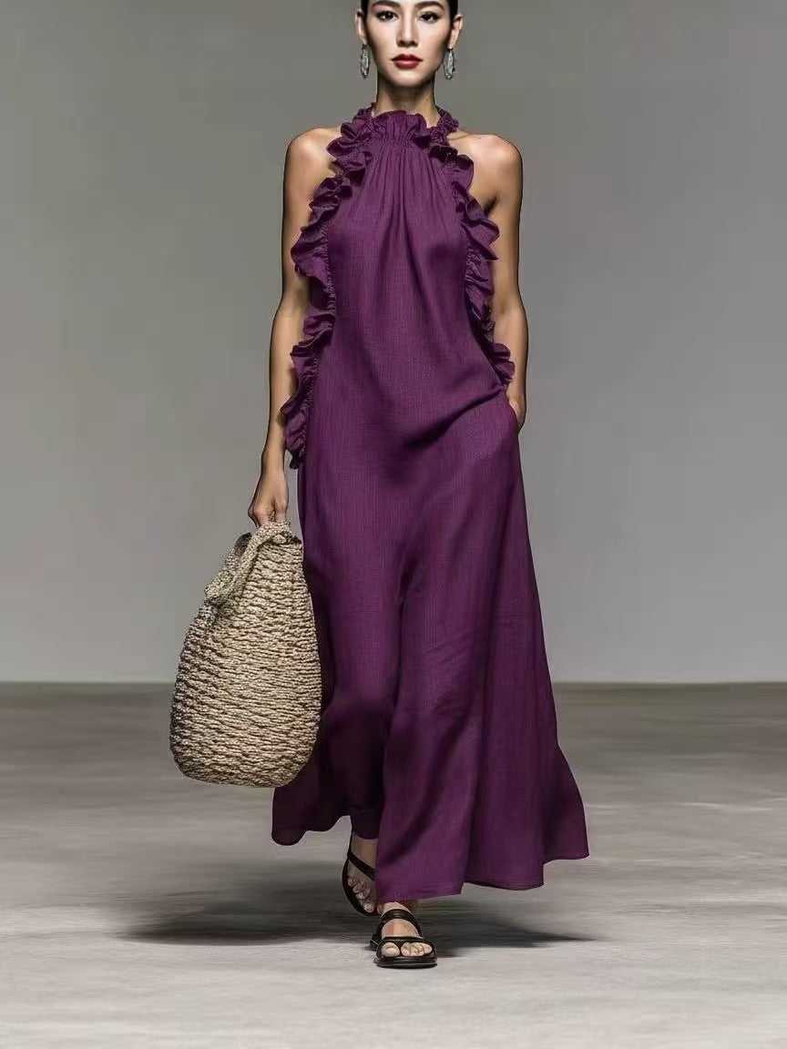 Halter Neck Ruffled Sleeveless Dress โ Loose Fit Flowy Dress With Pockets