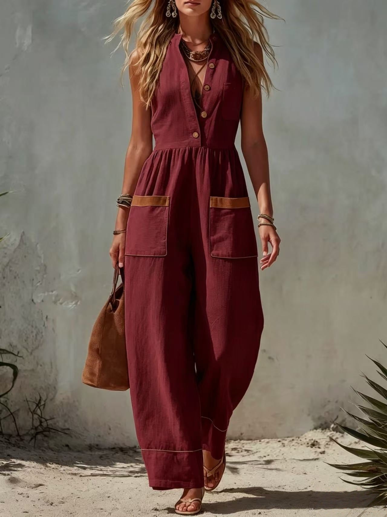 Women's Sleeveless Wide-Leg Jumpsuit โ Loose Fit, V-Neck, Cotton Linen
