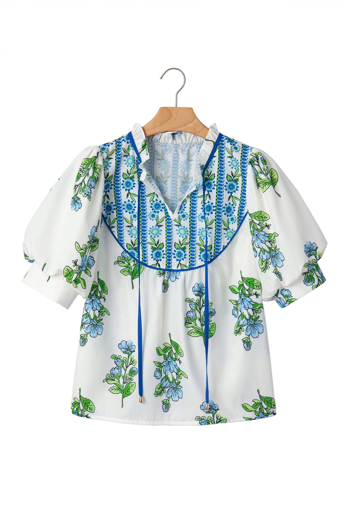 Floral Contrast Trim Tie Neck Blouse