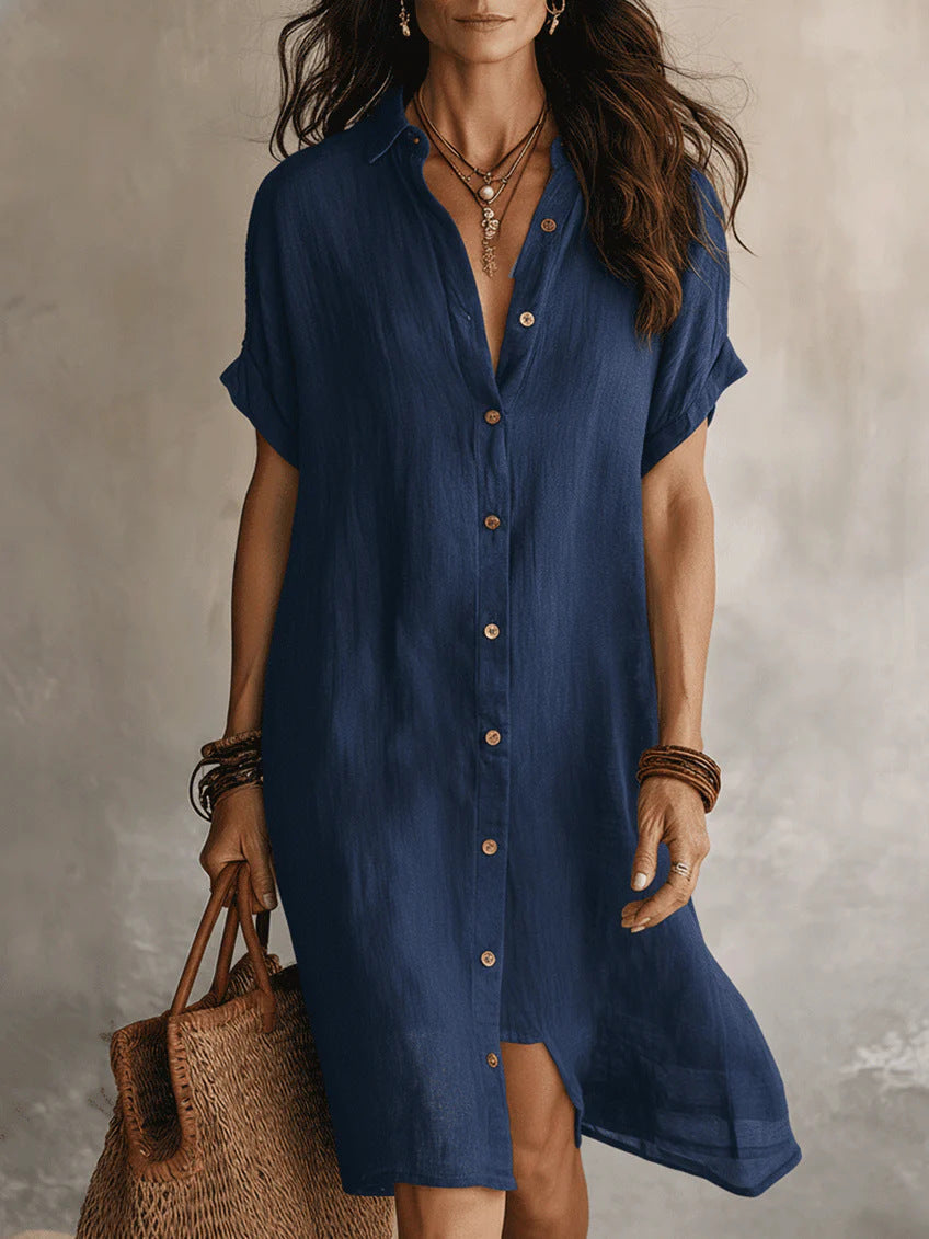 Women's Buttoned Midi Shirt Dress โ Short Sleeve Cotton Linen