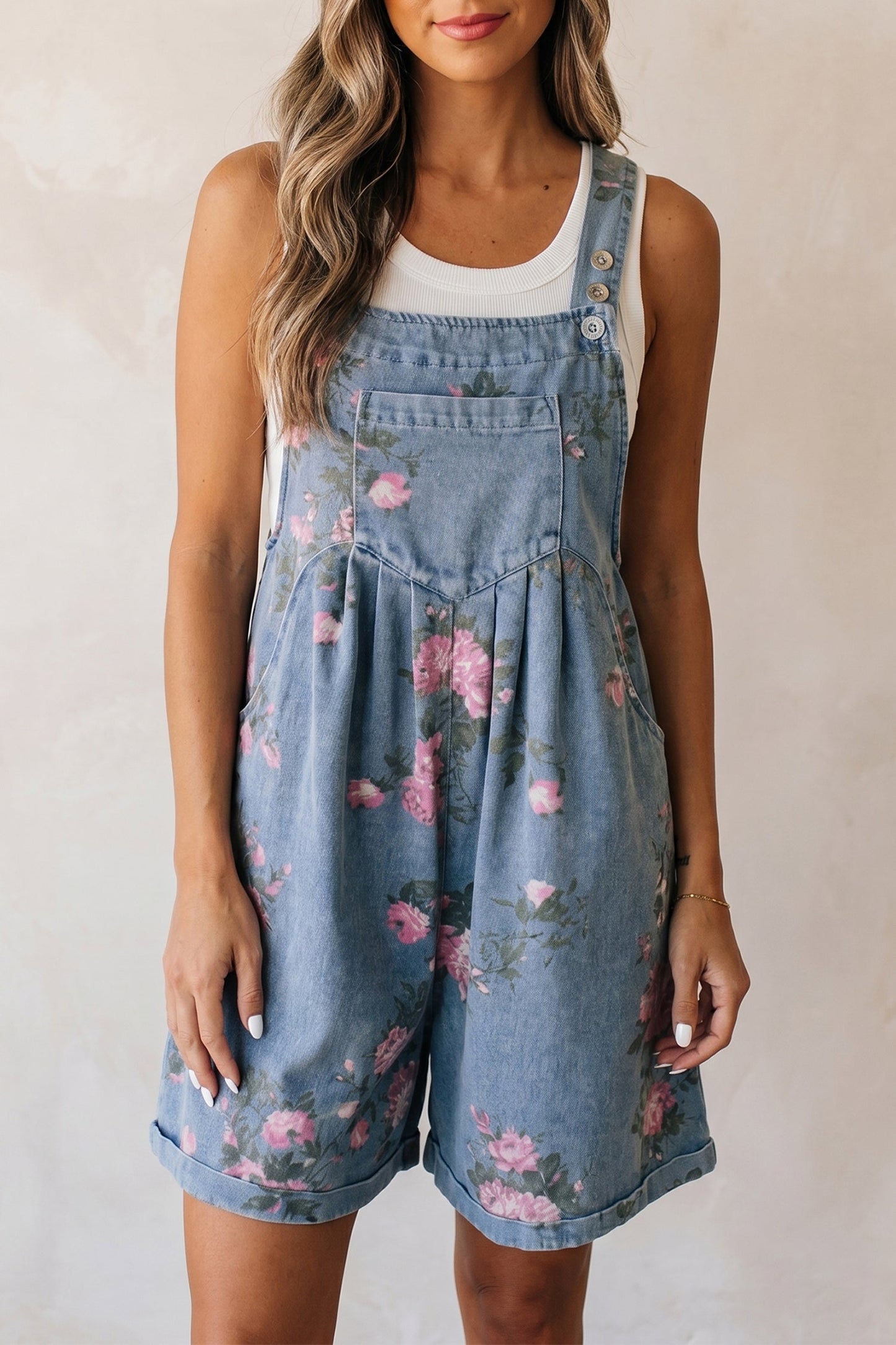 Floral Denim Adjustable Strap Romper