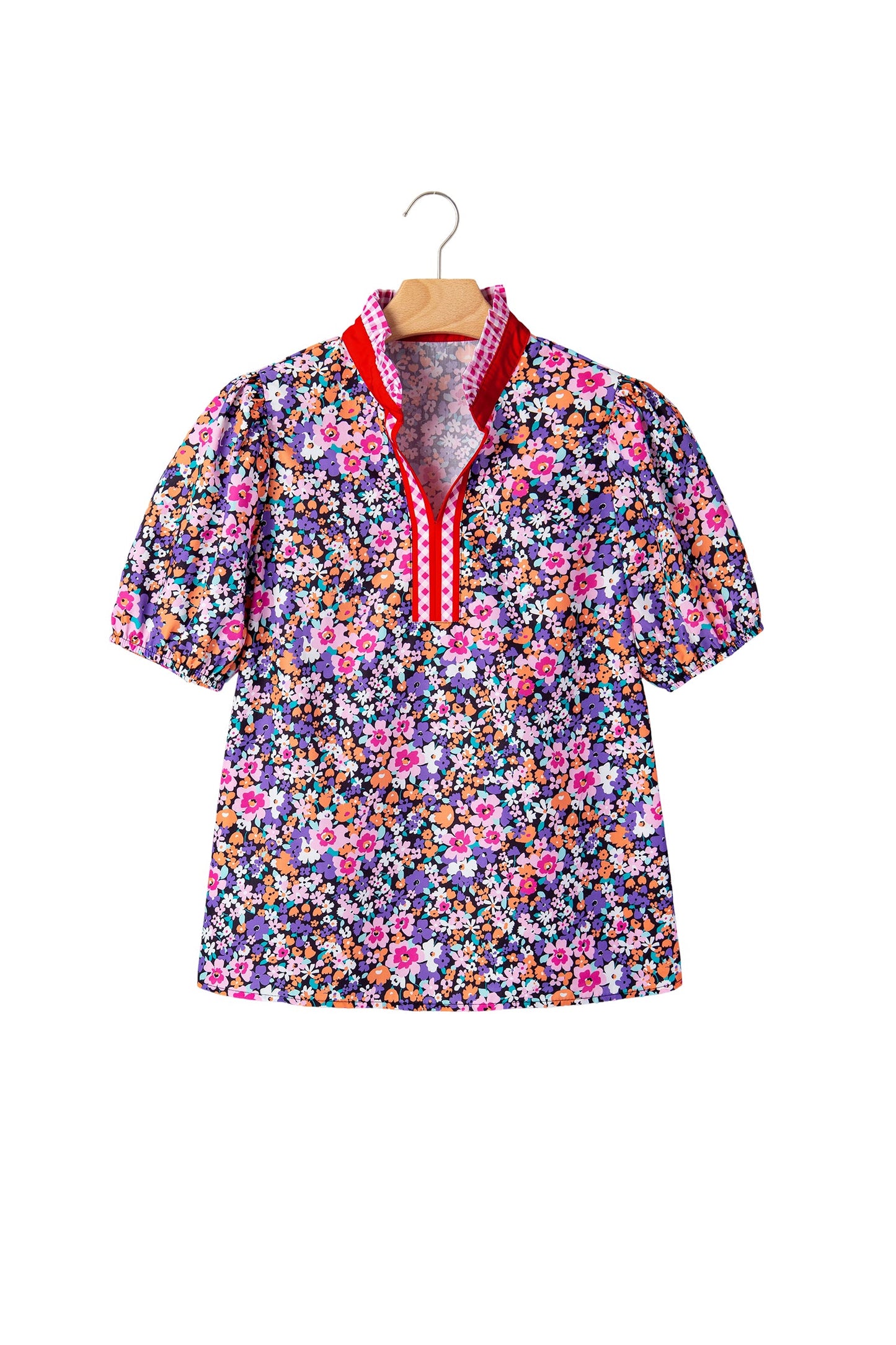 Floral Gingham Colorblock Trim V-Neck Blouse