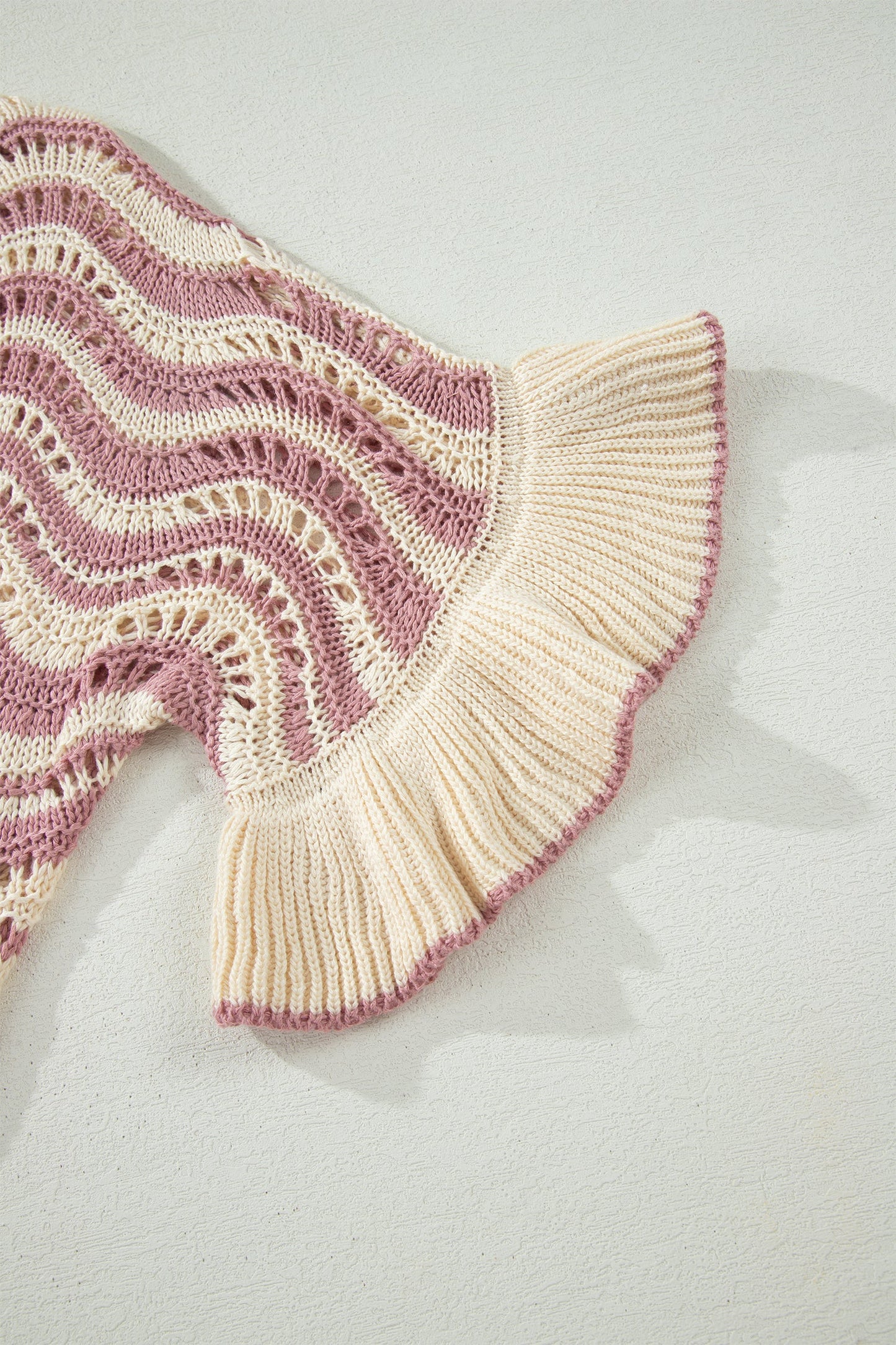 Wavy Stripe Ruffle 3/4 Sleeve Crochet Sweater