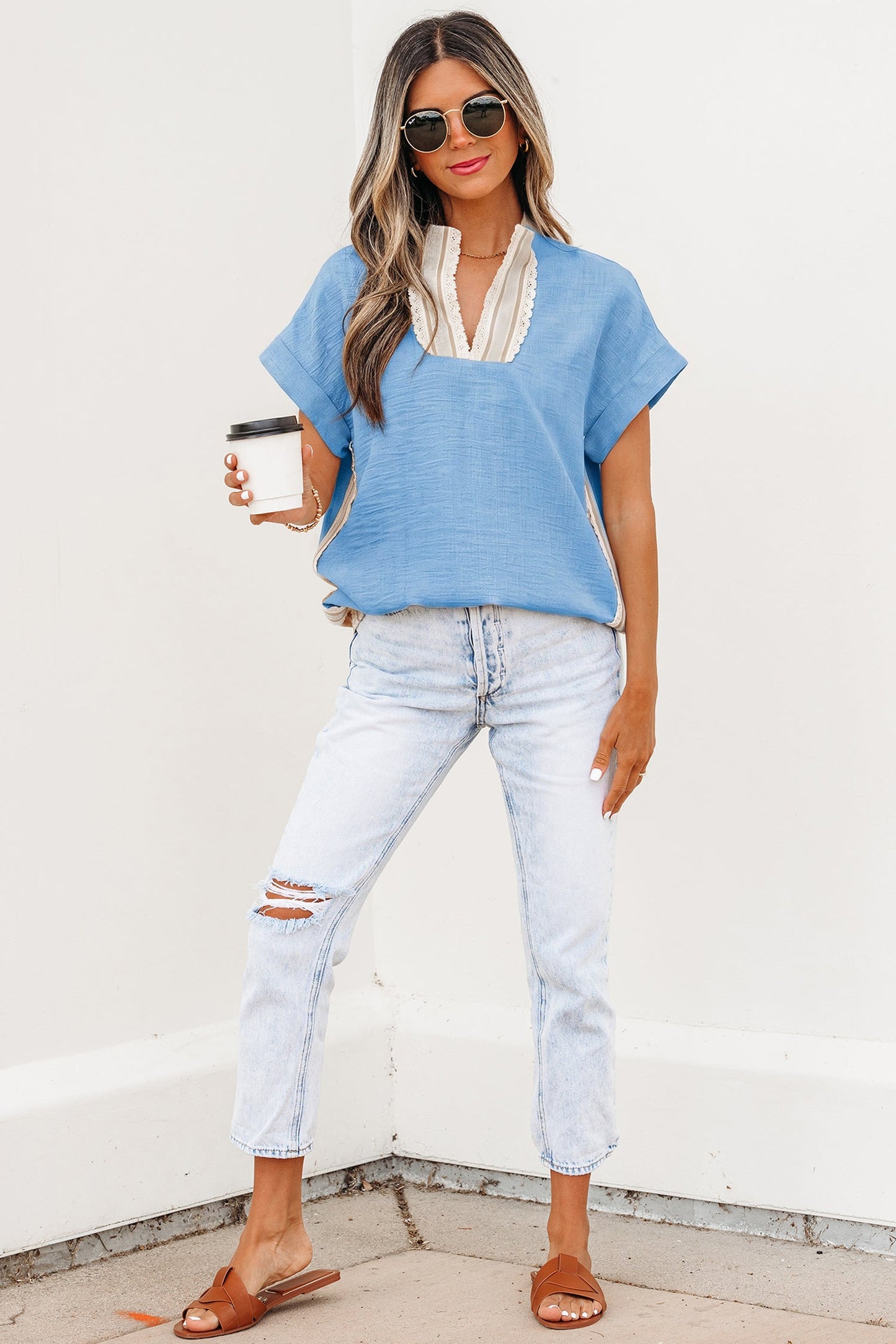 Crochet Lace Trim Rolled Short Sleeve Blouse