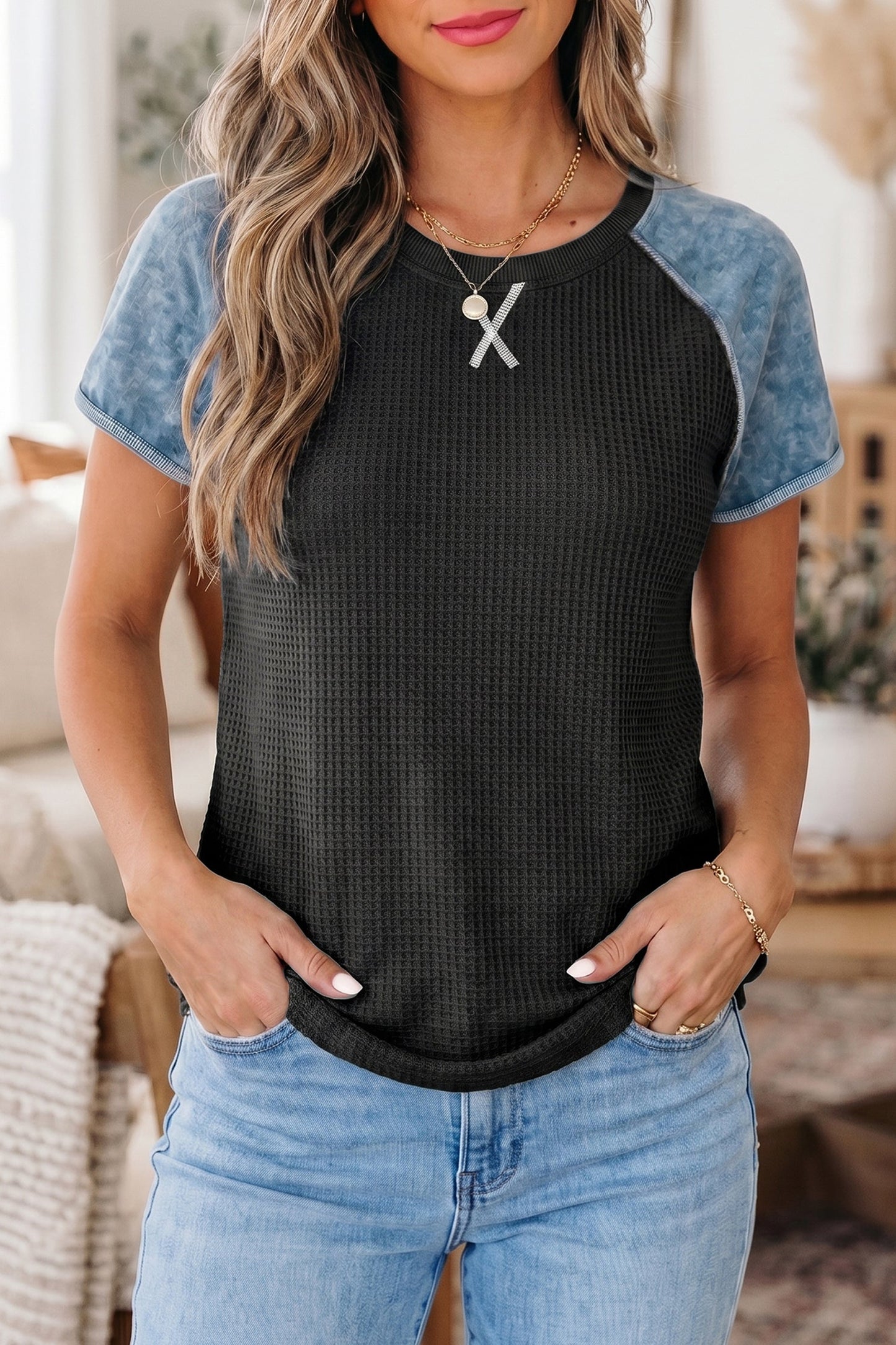 Colorblock Waffle Knit Patchwork Short Sleeve Top