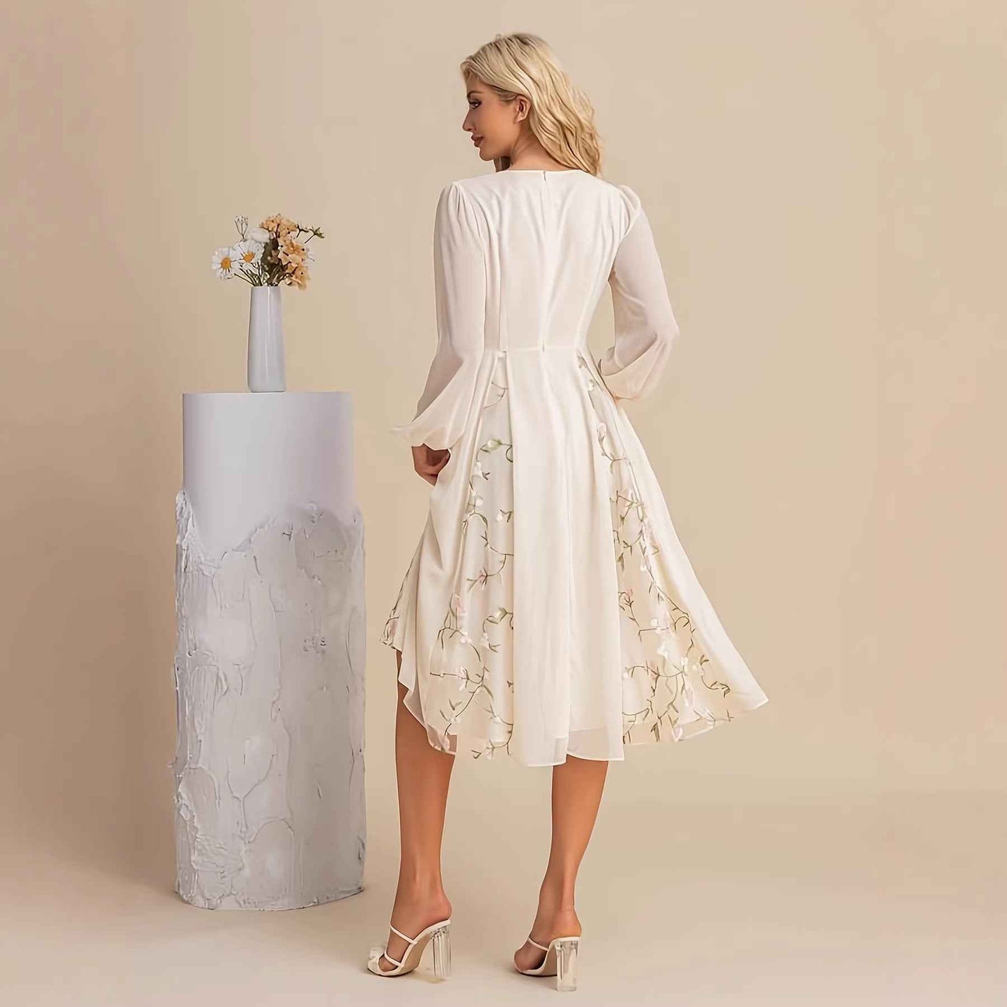Floral Long Sleeve V-Neck Pleated Midi Dress – High Waist Flared Hem