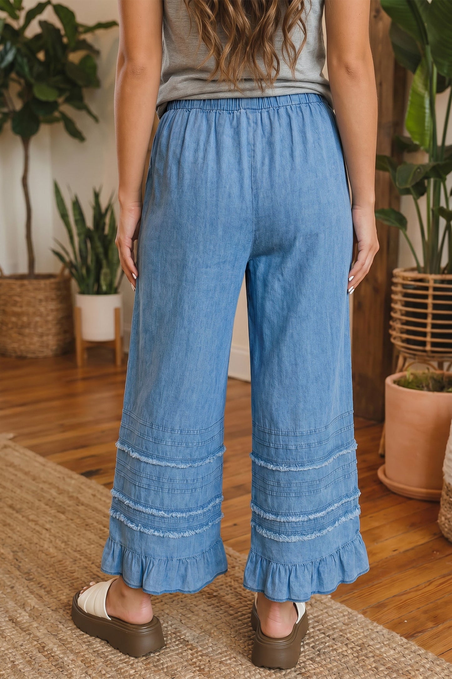 Denim Chambray Ruffle Hem Wide Leg Pants