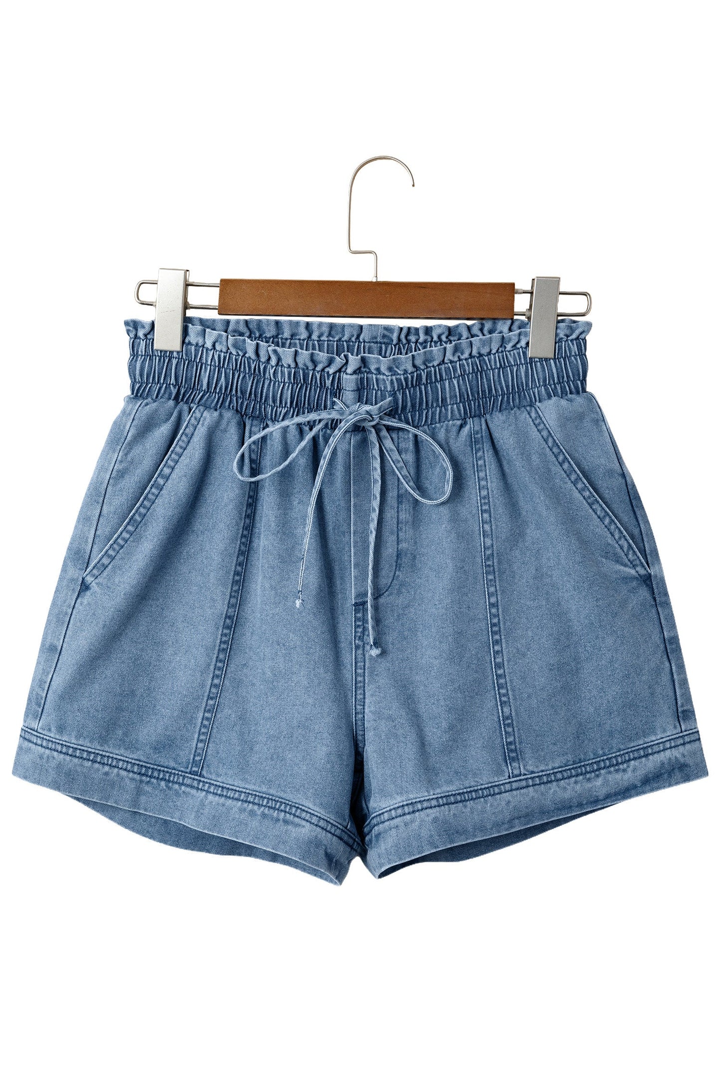 Solid Denim Smocked Elastic Waist Shorts