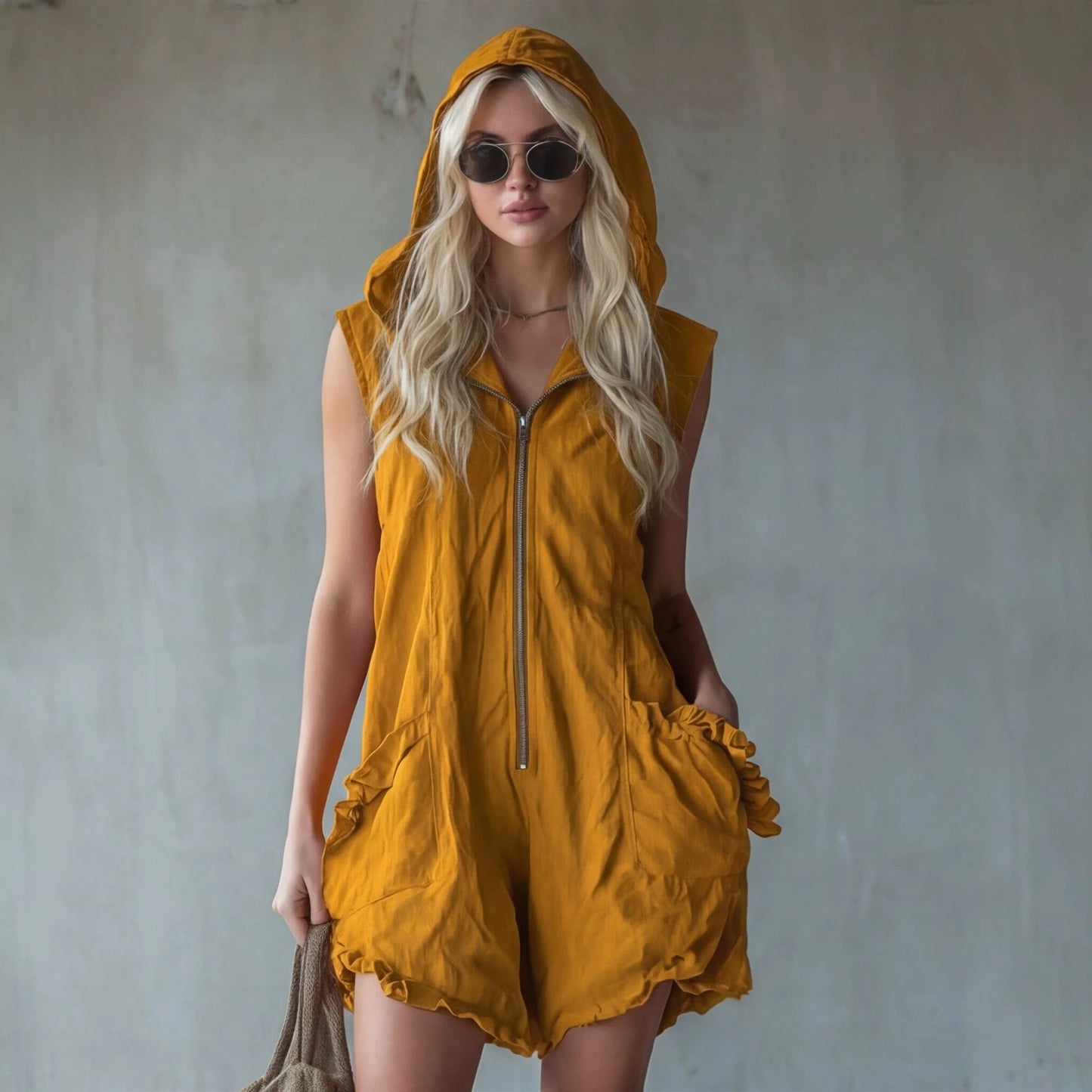 Women's Retro Hooded Zip-Up Sleeveless Cropped Romper