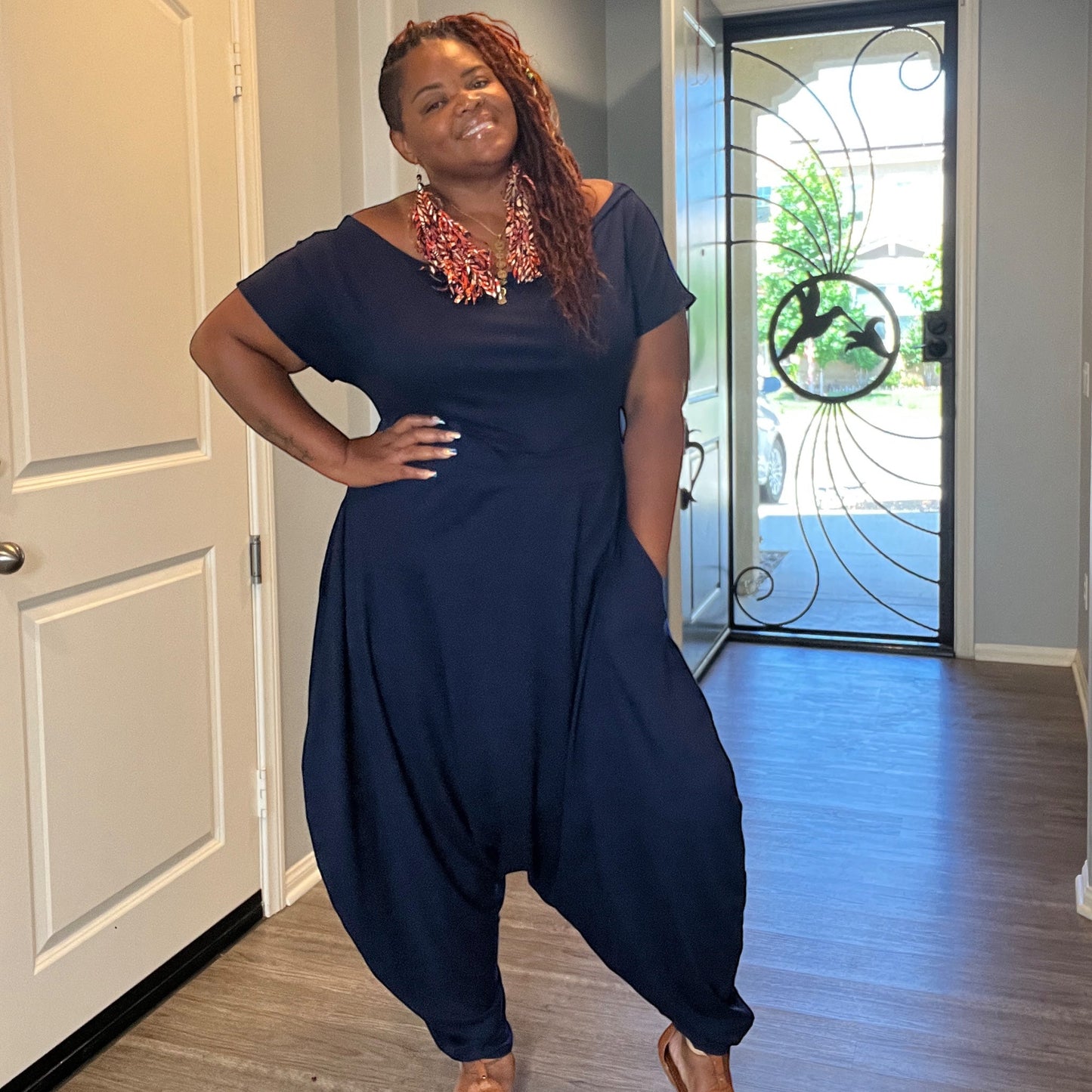 Women'S Plus Navy Off the Shoulder Harem Jumpsuit