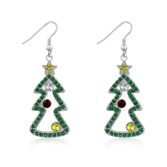 Festive dangle earrings shaped like Christmas trees with green rhinestones, a yellow star, and colorful gem accents for Holiday 2026.