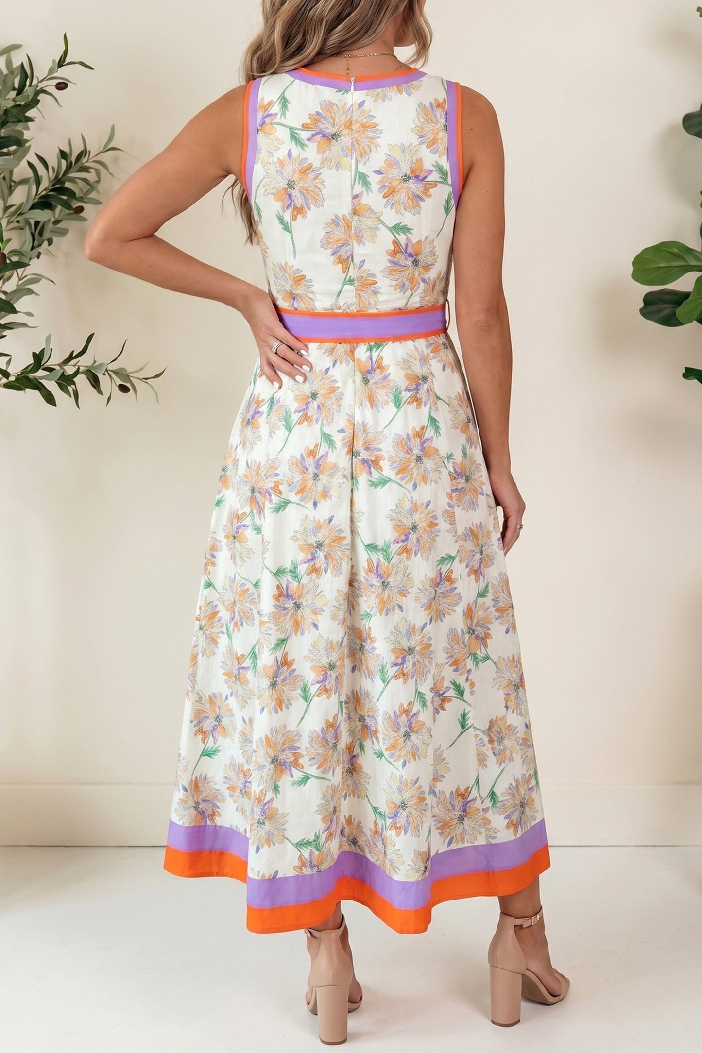 Floral Colorblock Trim Belted Sleeveless Maxi Dress