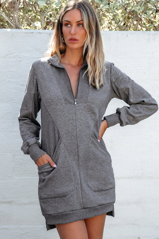 Solid Ribbed Patchwork Pocketed Sweatshirt Dress