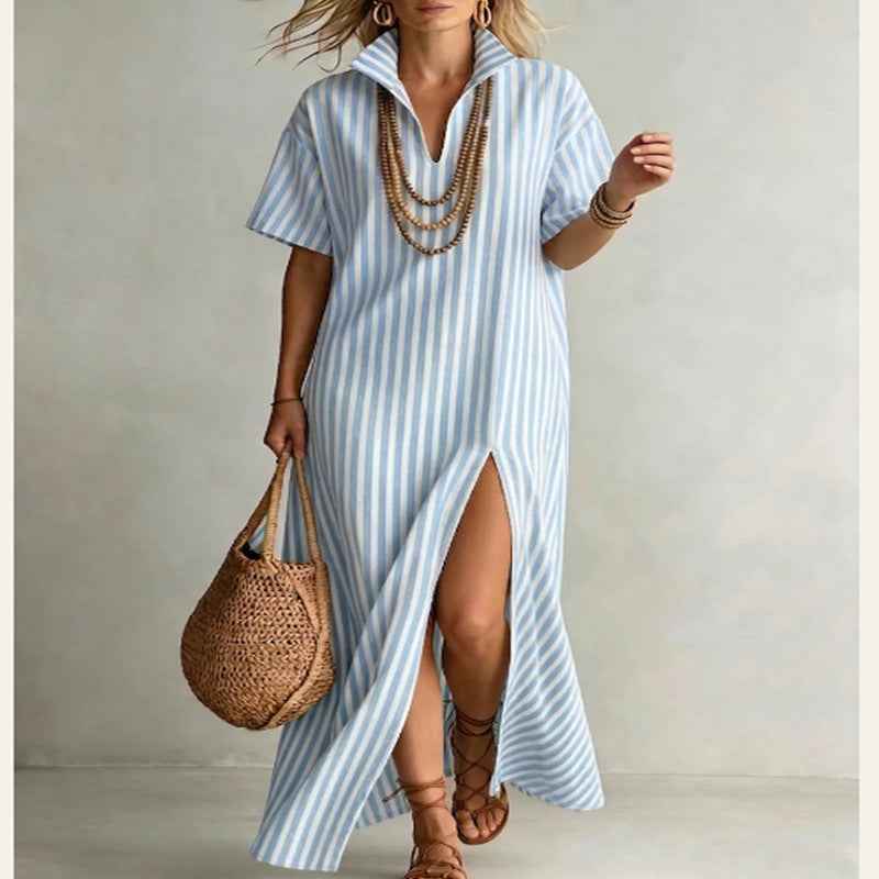 Women's Striped Slit Cotton-Linen Maxi Dress – V-Neck Short Sleeve