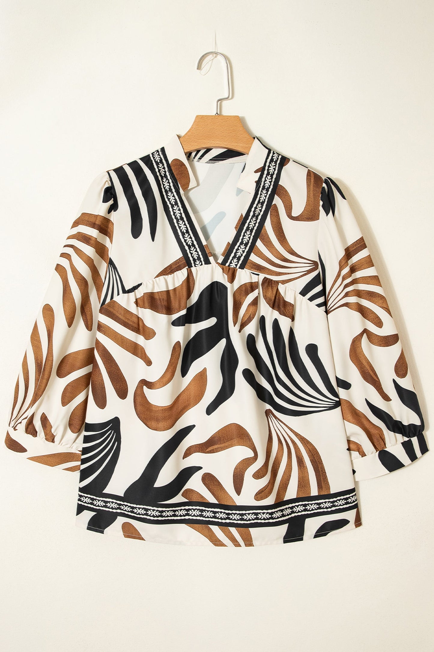 Abstract V-Neck Puff Sleeve Blouse