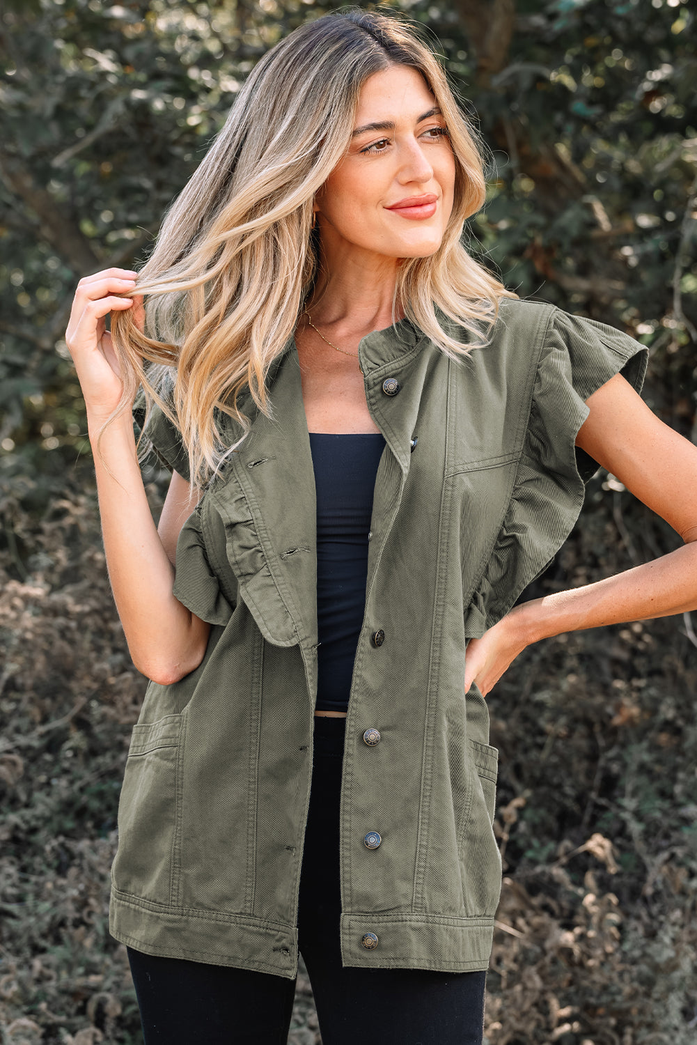 Denim Patchwork Ruffle Sleeve Jacket Vest