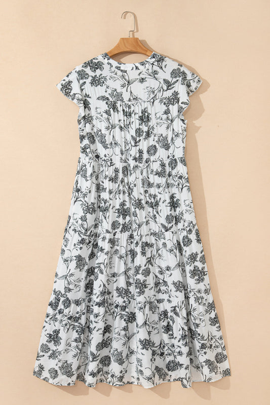 Plus Size Floral Ruffle Sleeve Midi Dress