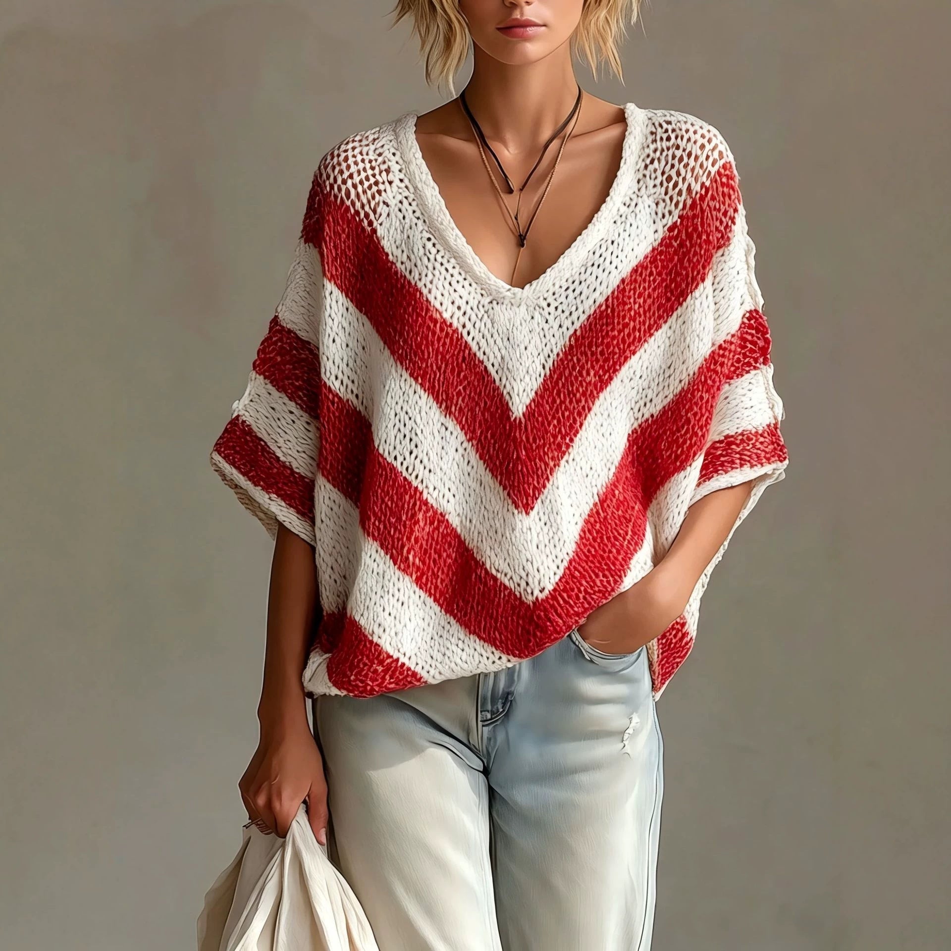 Women's V-Neck Knit Sweater – Loose Fit, Drop Shoulder, 3/4 Sleeve