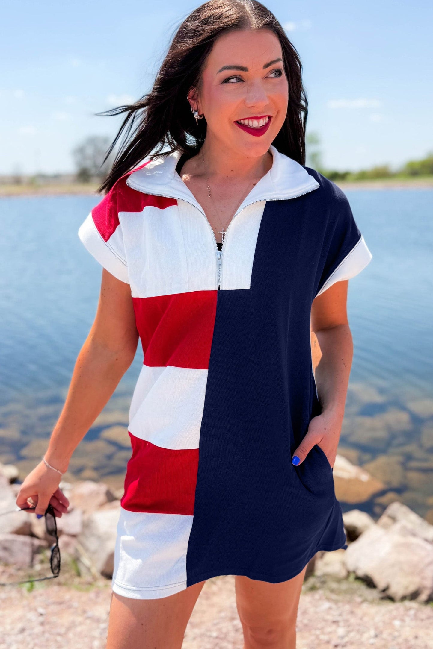Americana Colorblock Stripe Zip Collar Mini Dress