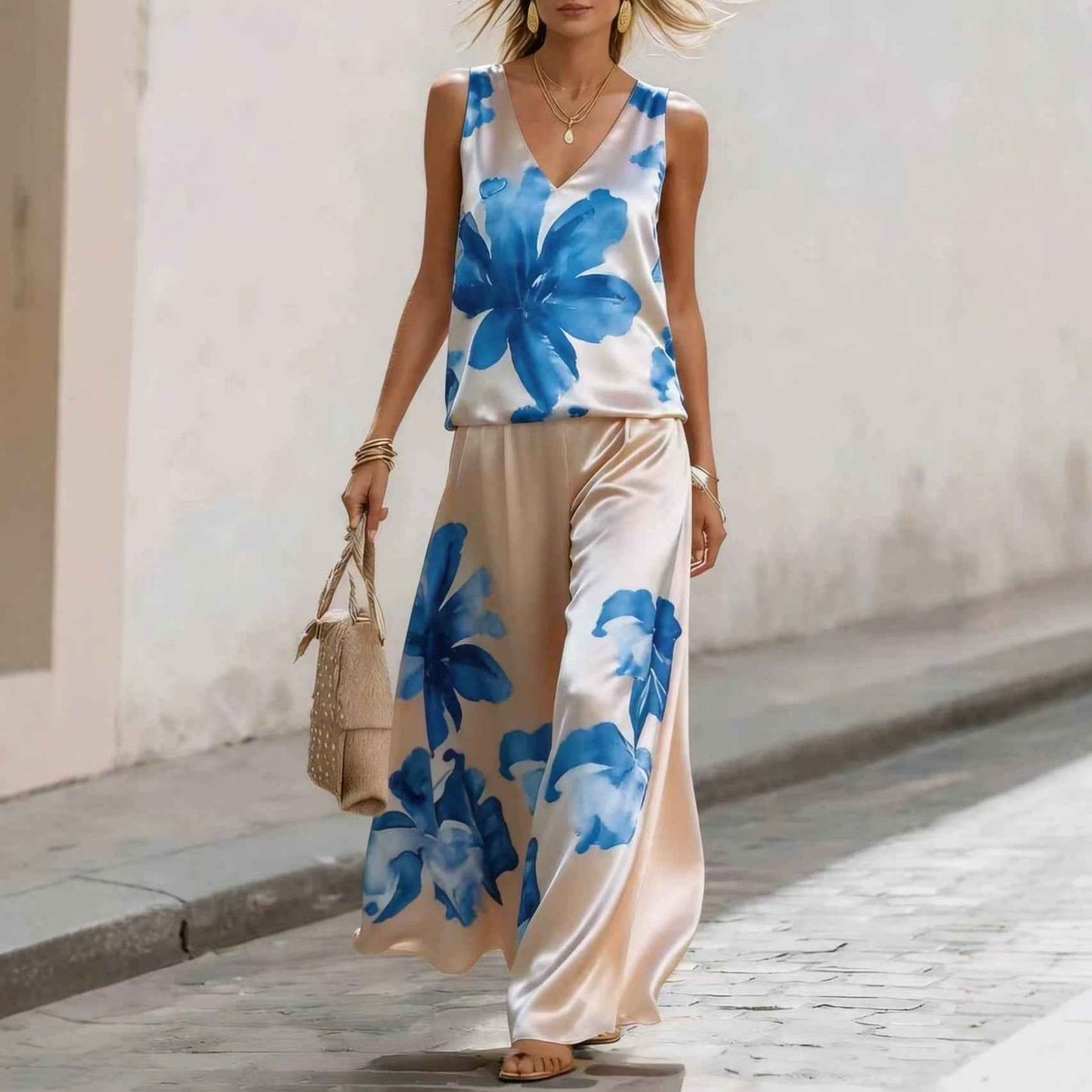Women's Sleeveless Floral Printed Vest & Pants Two-Piece Set