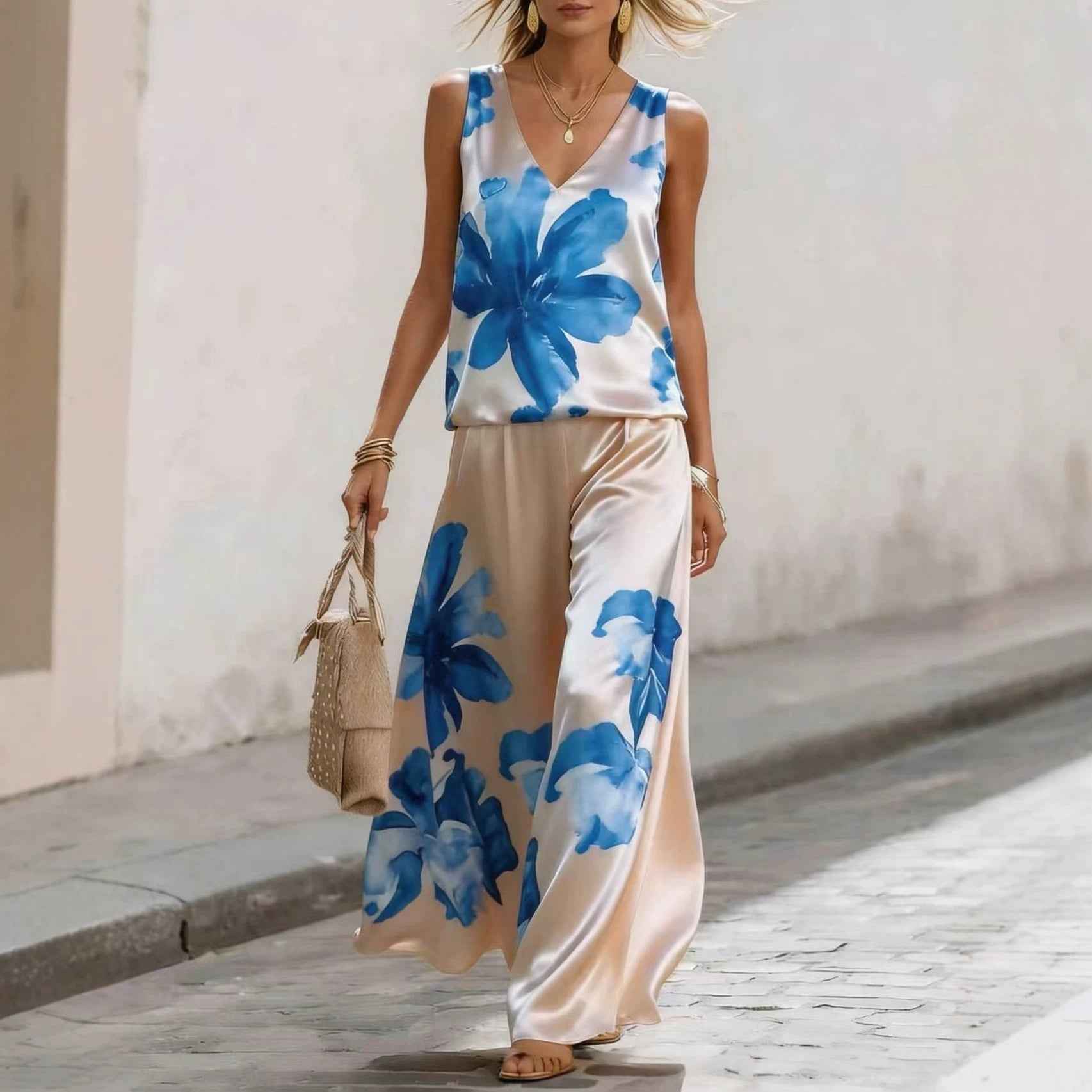 Women's Sleeveless Floral Printed Vest & Pants Two-Piece Set