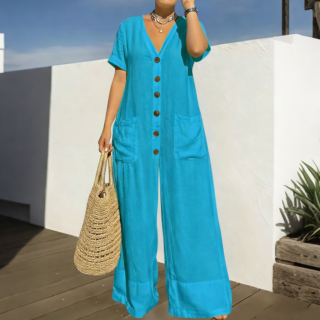 Women's Loose V-Neck Button Jumpsuit – Wide Leg Plus Size