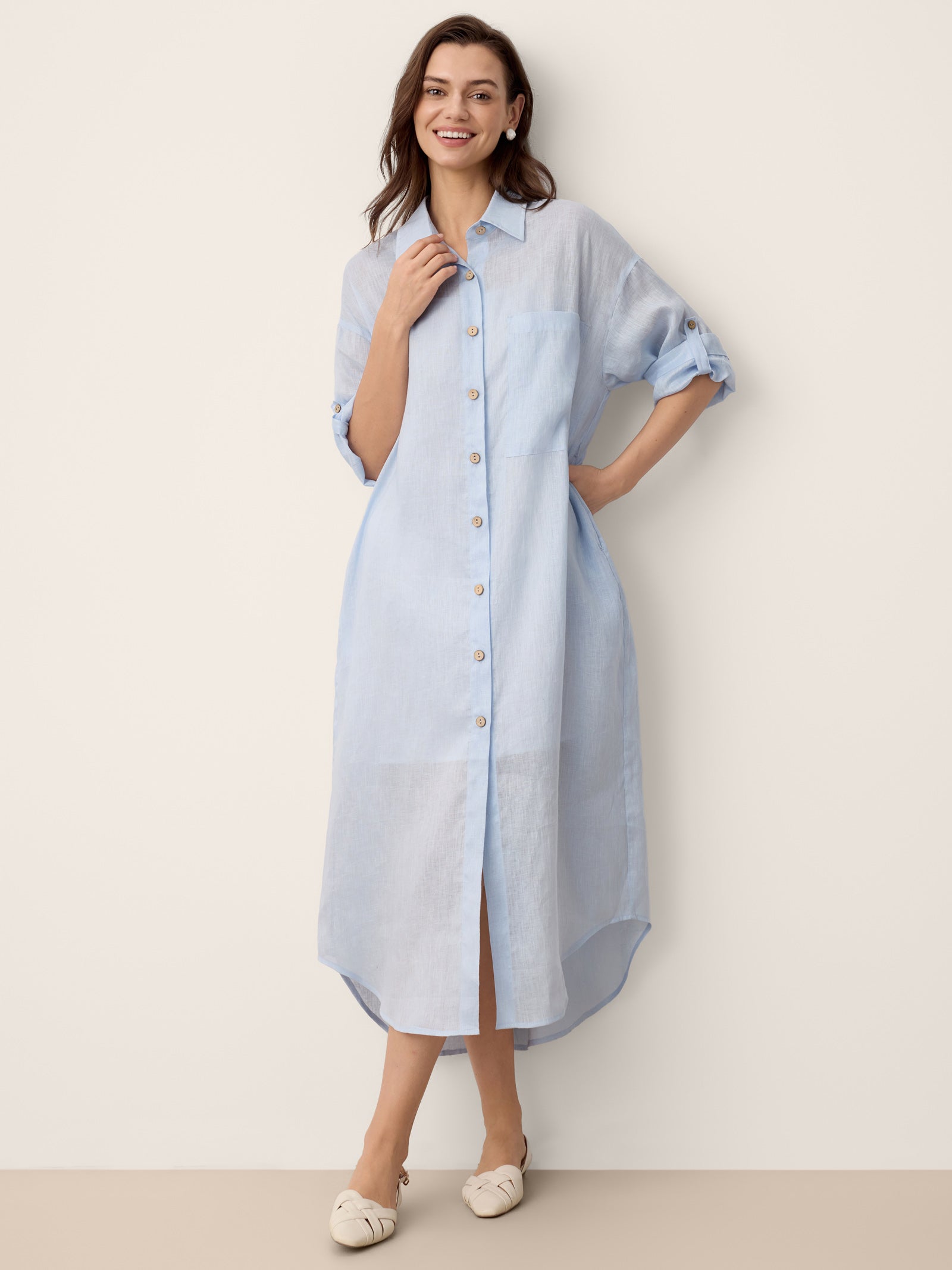 100% Linen Shirt-Collar Folded-Cuff Cocoon Maxi Shirt Dress MIREN
