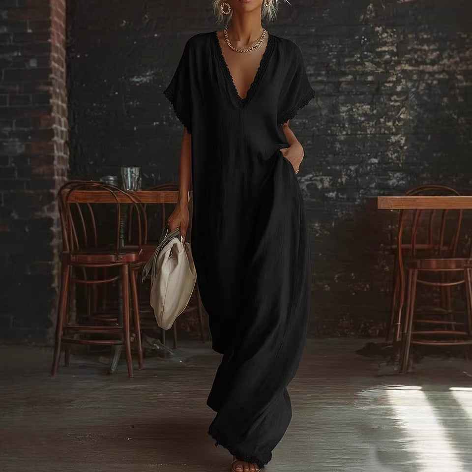 Lace-Trimmed Loose Linen Cotton Long Dress for Women