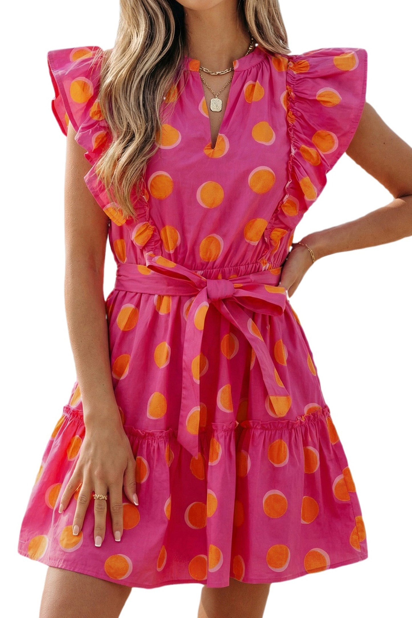 Polka Dot V-Neck Ruffle Belted Mini Dress