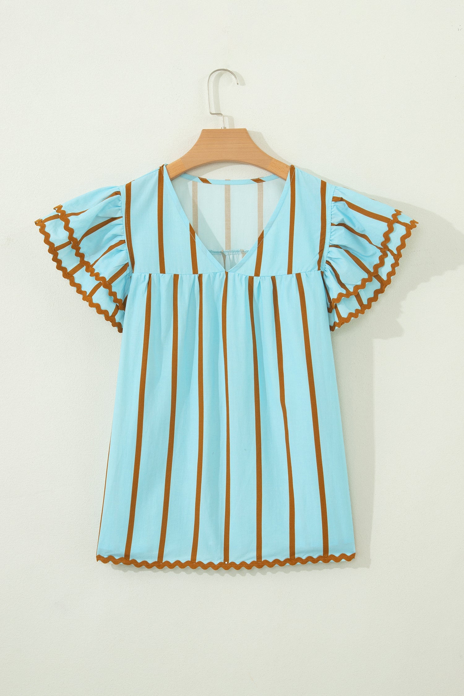 Stripe Ricrac Trim Double Ruffle Short Sleeve Blouse