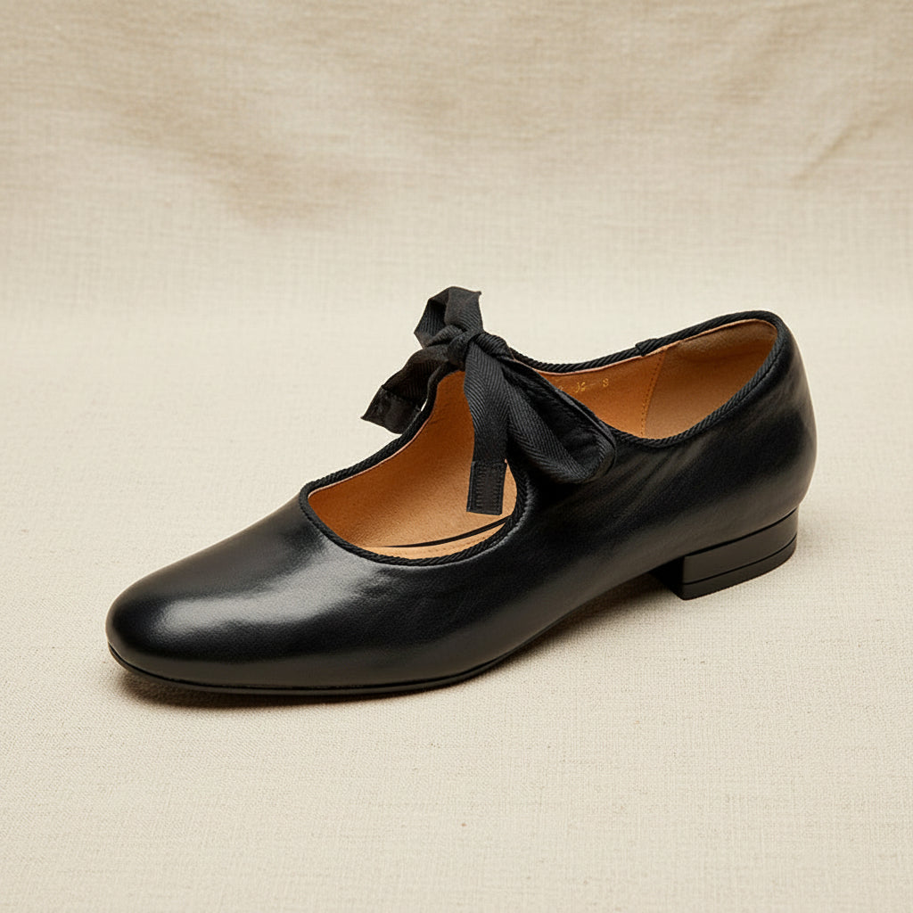 Women's French Vintage Genuine Leather Round Toe Chunky Heel Shoes