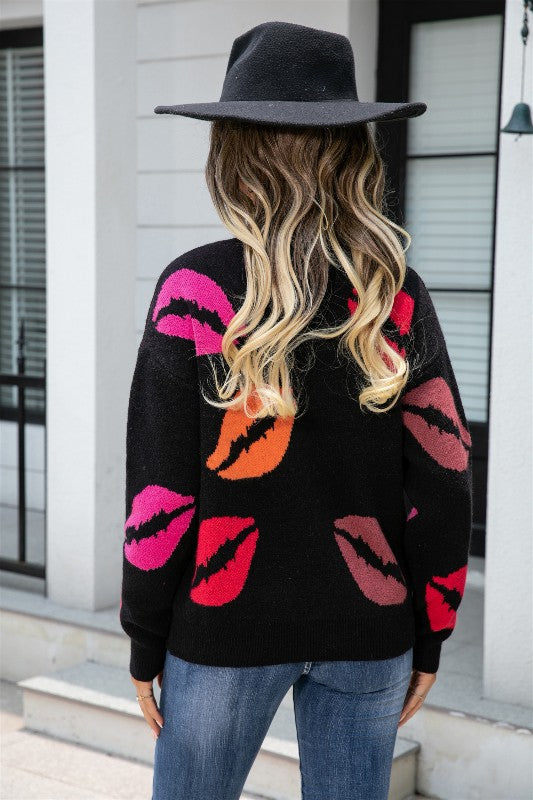 All Over Lips V-neck Sweater