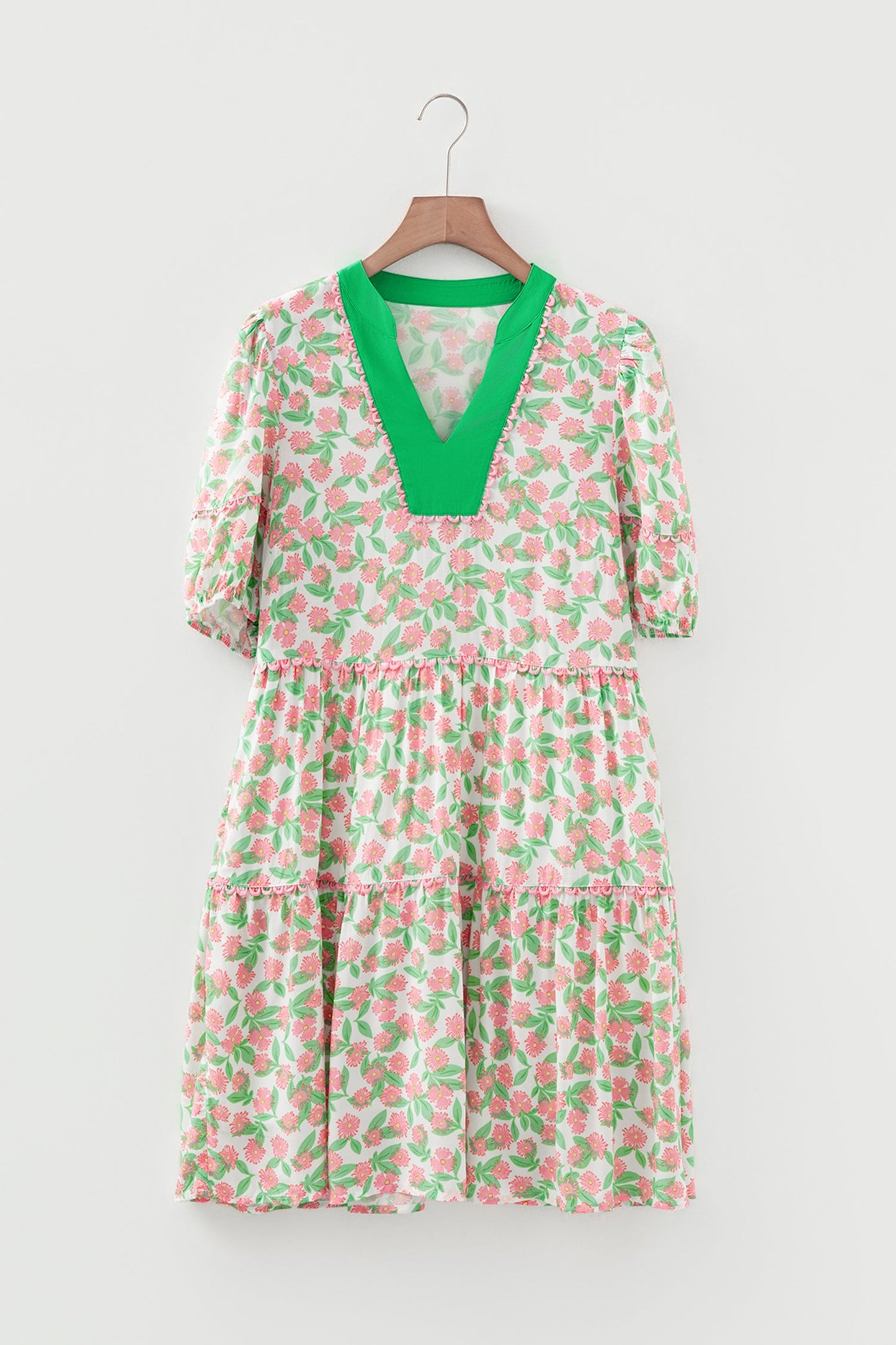 Floral Ricrac Trim Contrast V-Neck Puff Sleeve Dress