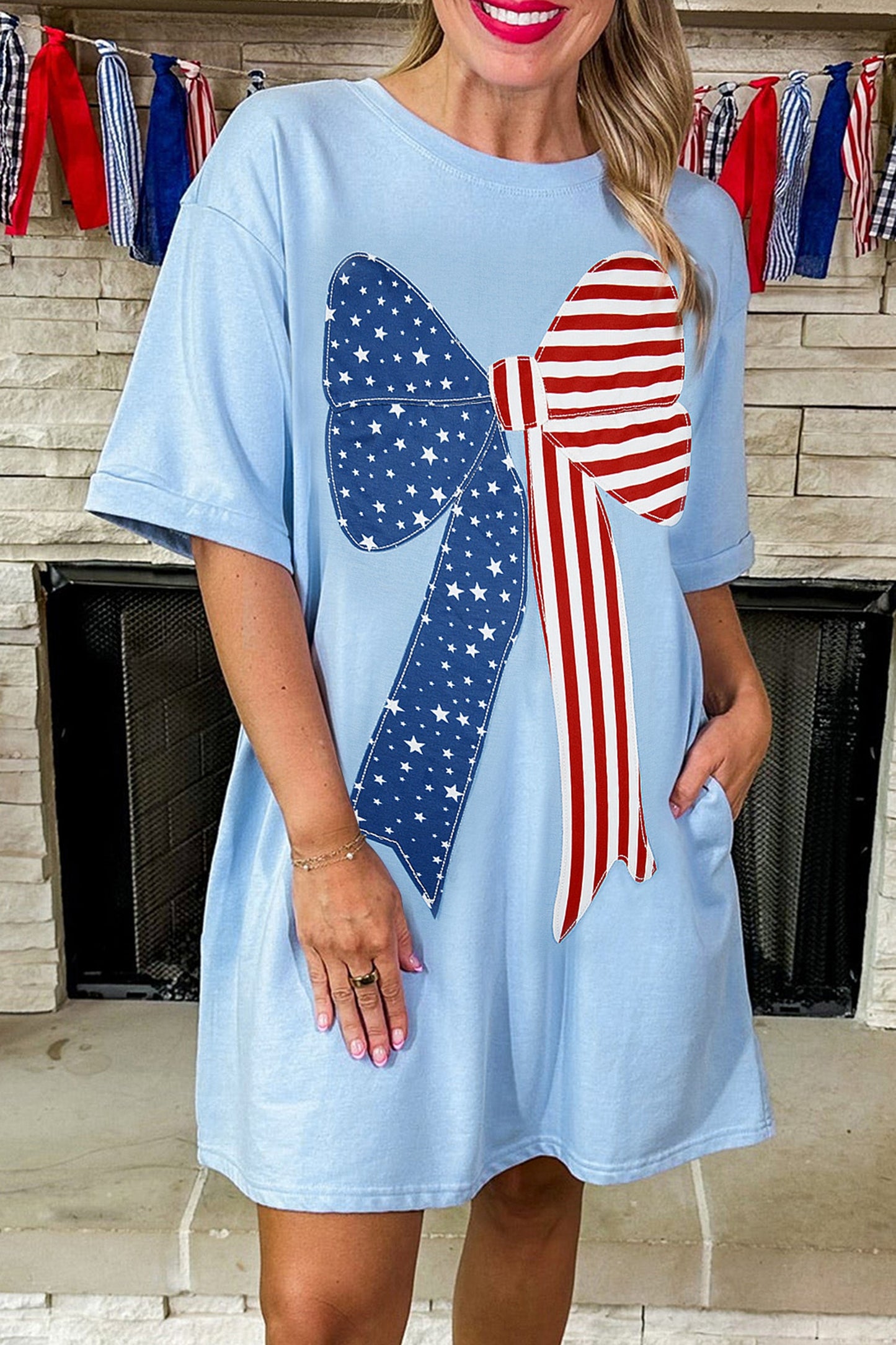 Patriotic Flag Bow Patchwork Mini T-Shirt Dress