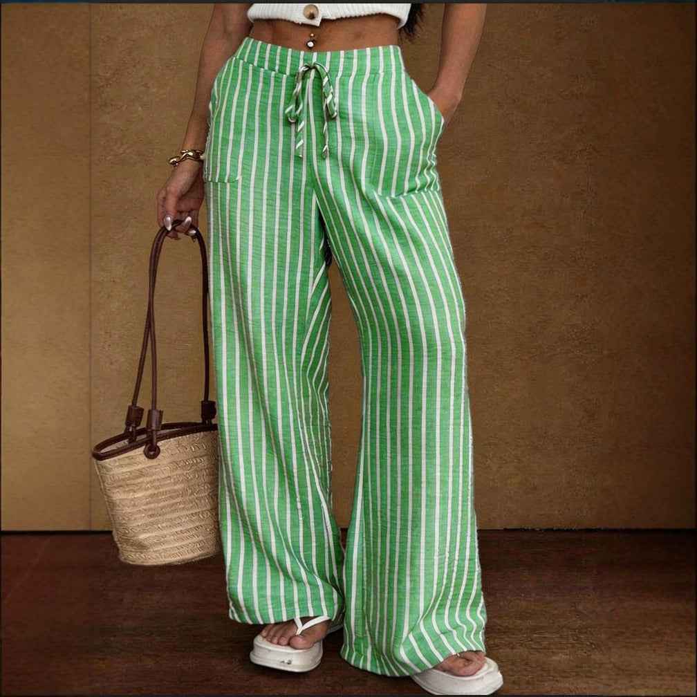 Women's Striped Wide-Leg Trousers – Lace-Up Elastic Waist Loose Fit