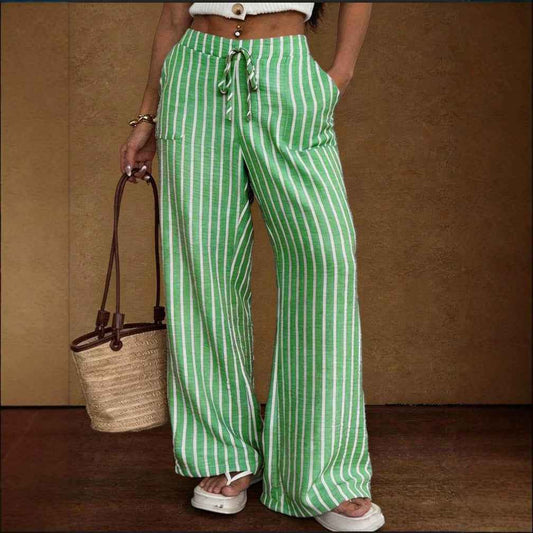 Women's Striped Wide-Leg Trousers – Lace-Up Elastic Waist Loose Fit