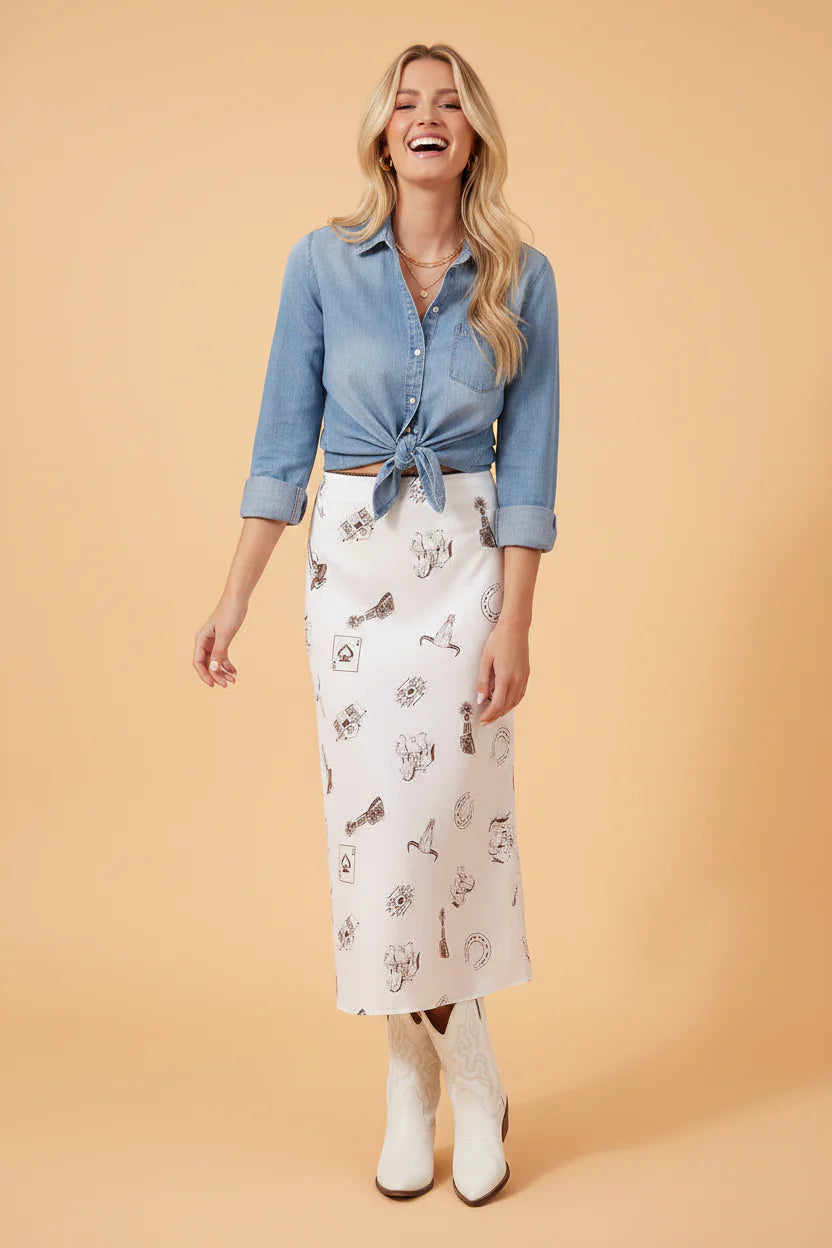 Western Lace Trim High Waist Maxi Skirt