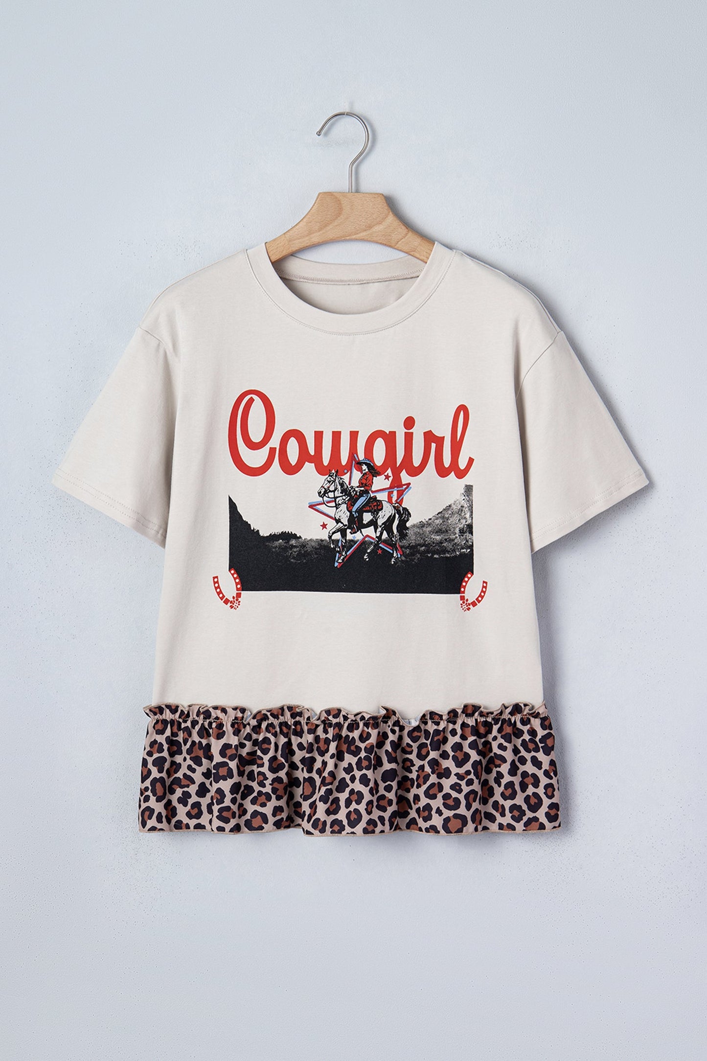 Western Cowgirl Leopard Patchwork Ruffle Hem T-Shirt