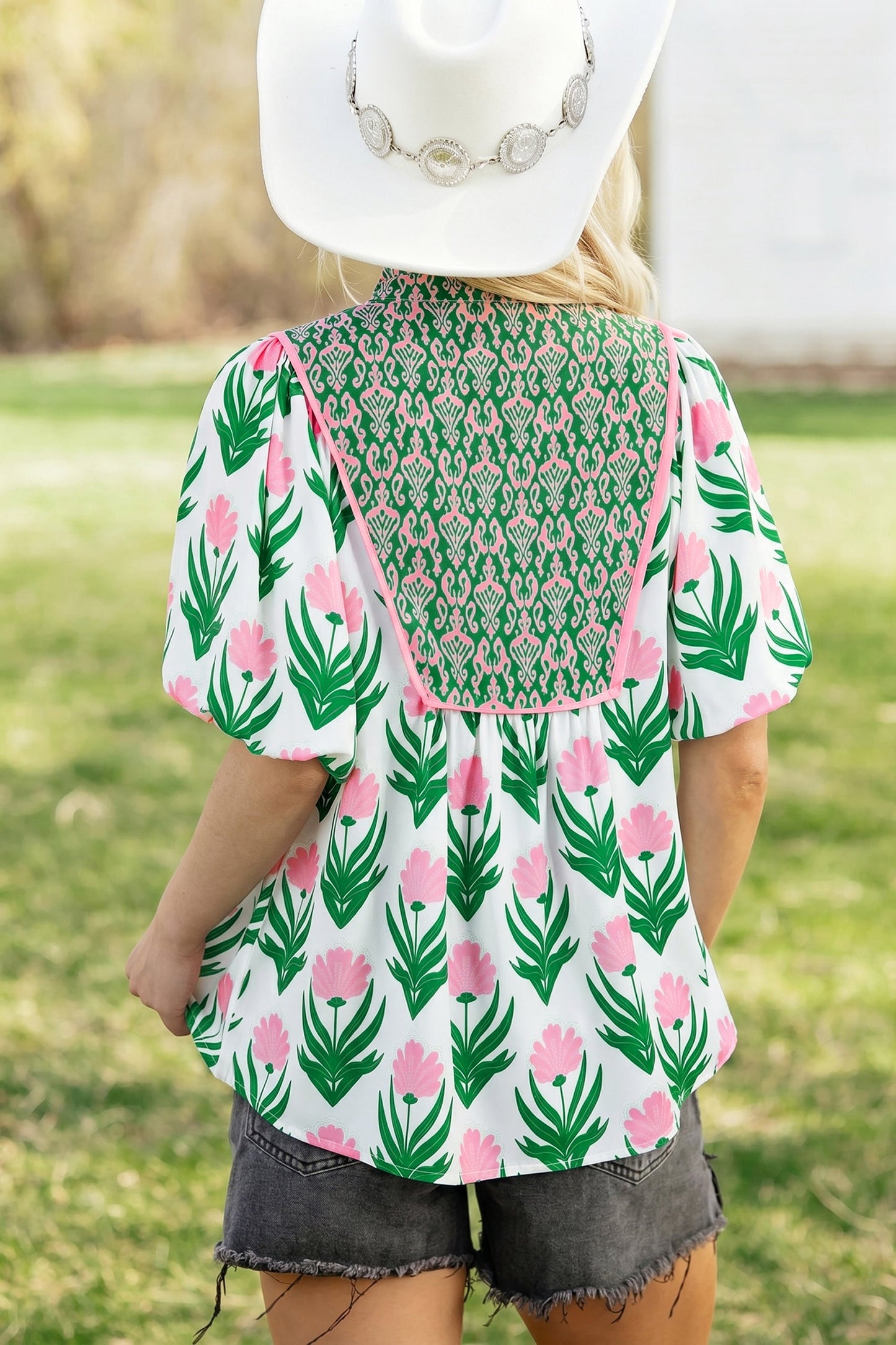 Floral Puff Sleeve Contrast V-Neck Blouse