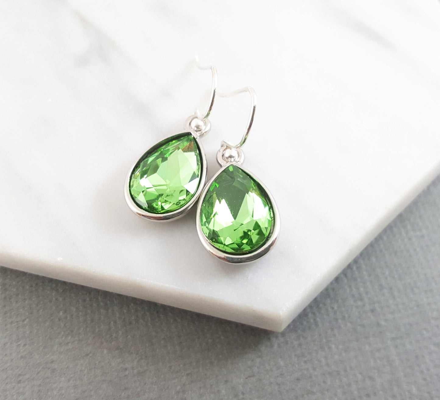Peridot Crystal Teardrop Earrings Sterling Silver Ear Wires