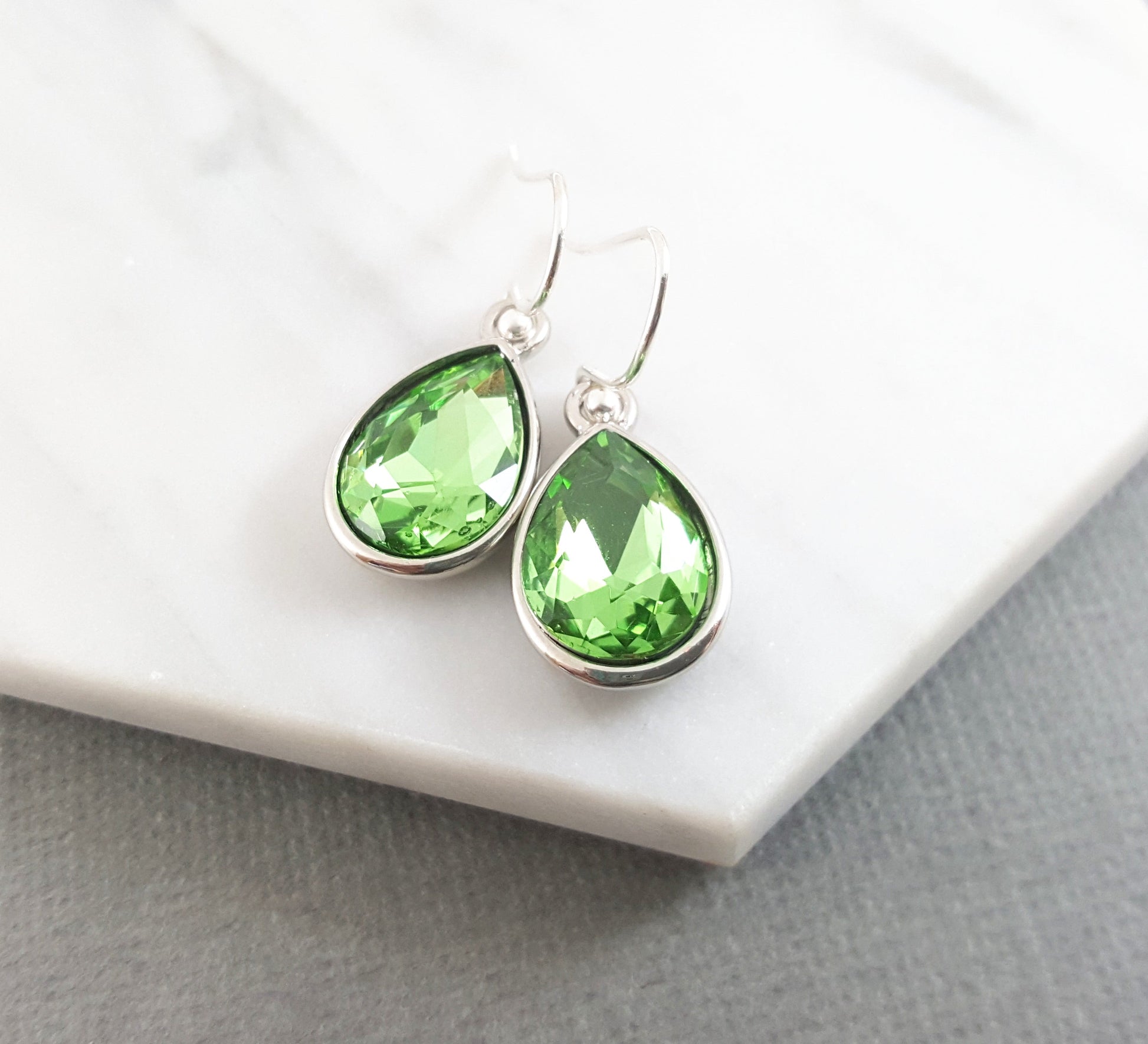 Peridot Crystal Teardrop Earrings Sterling Silver Ear Wires