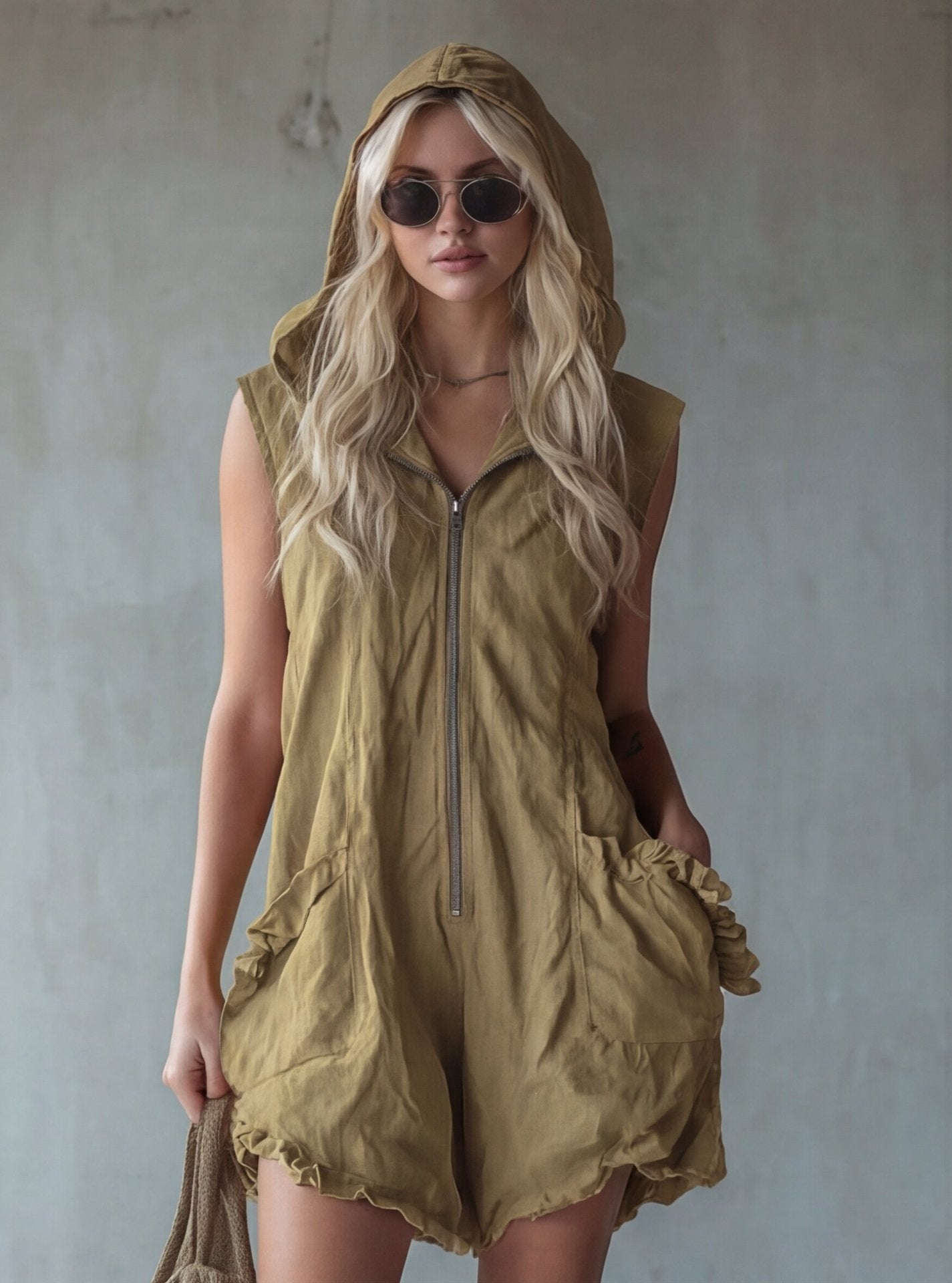 Women's Retro Hooded Zip-Up Sleeveless Cropped Romper