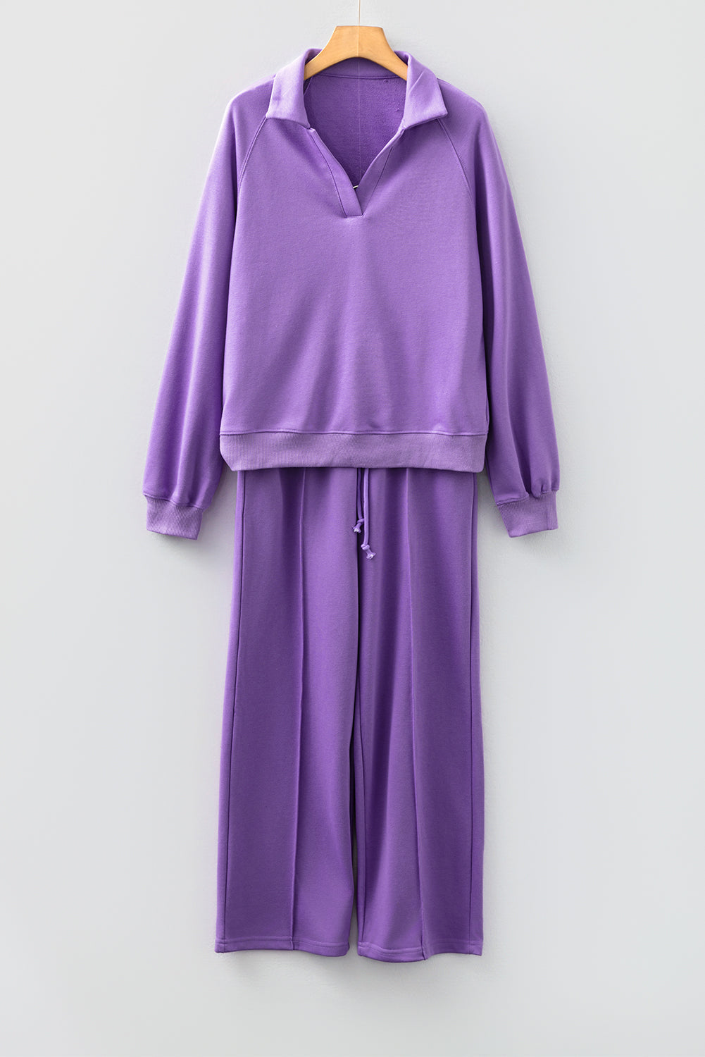 Solid Collared Top and Central Seam Pants Set