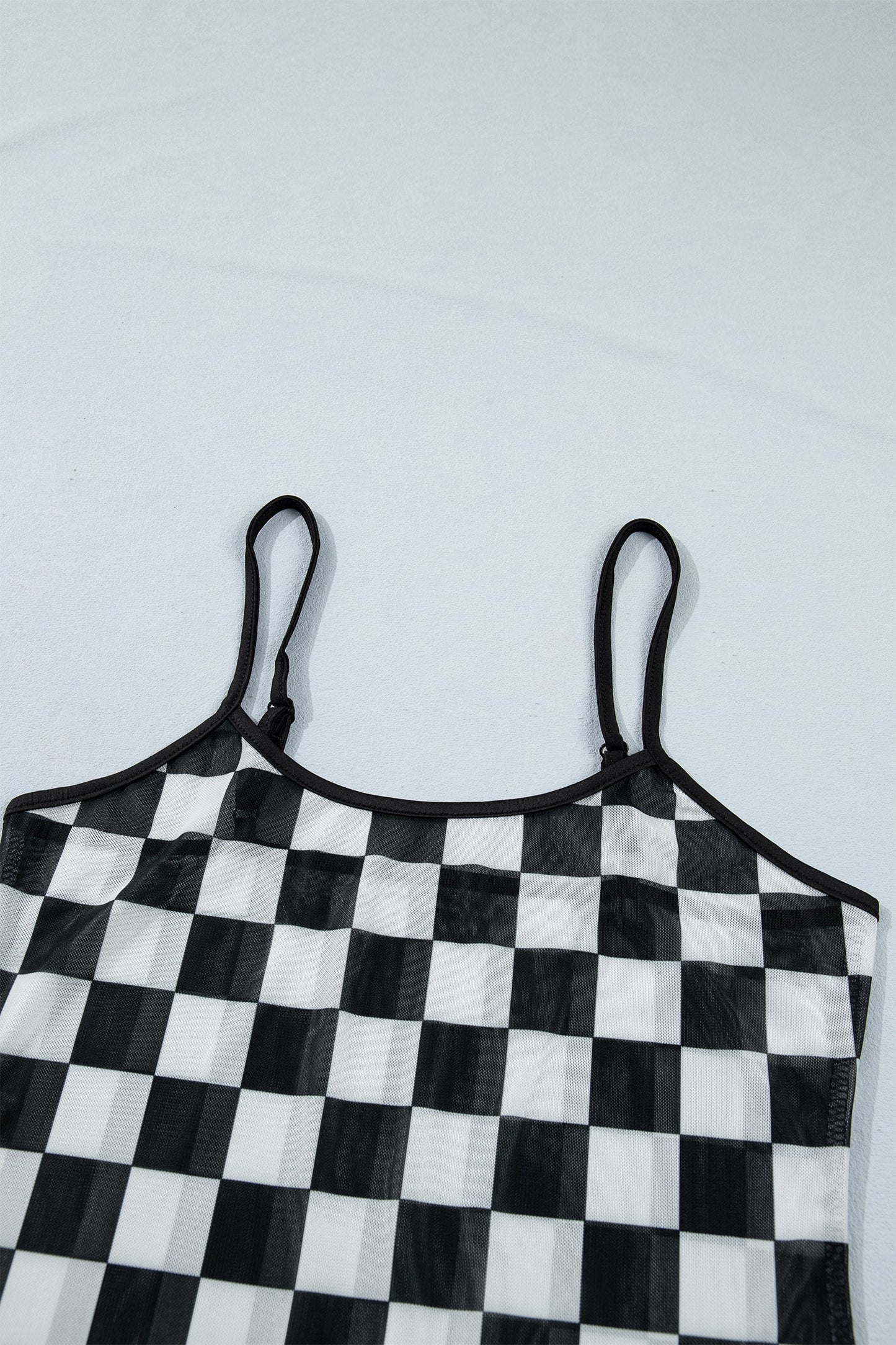 Checker Sheer Mesh Spaghetti Strap Tank Top