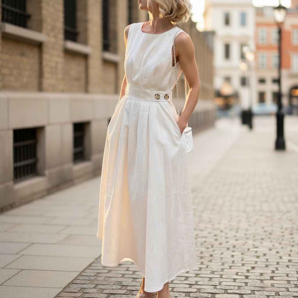 Women's French Minimalist Sleeveless Crew-Neck Midi Dress – White S–XXL