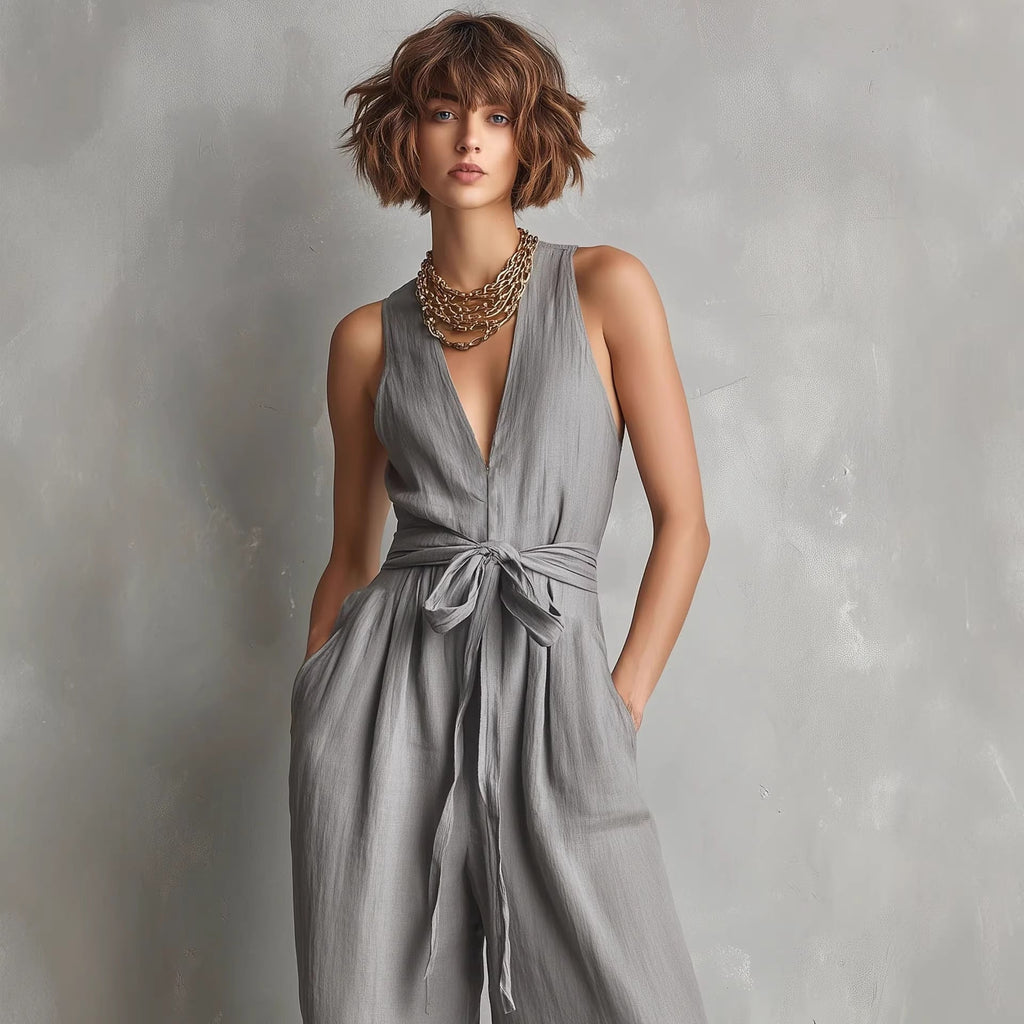 Women's Elegant V-Neck Sleeveless Commuter Jumpsuit