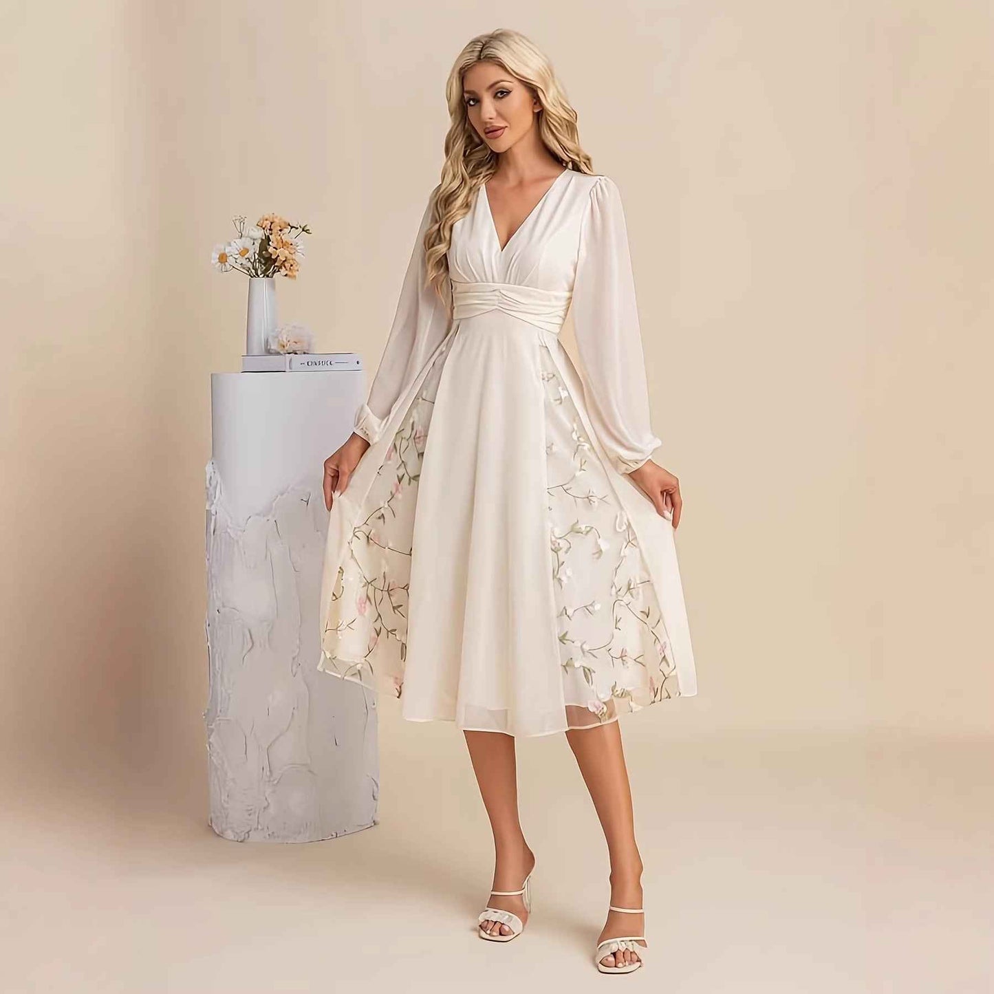 Floral Long Sleeve V-Neck Pleated Midi Dress – High Waist Flared Hem