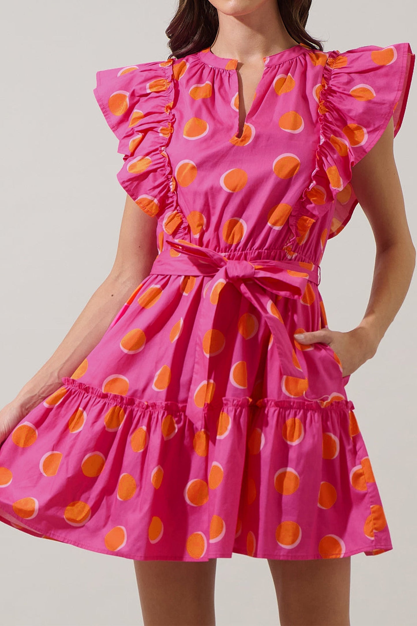 Polka Dot V-Neck Ruffle Belted Mini Dress